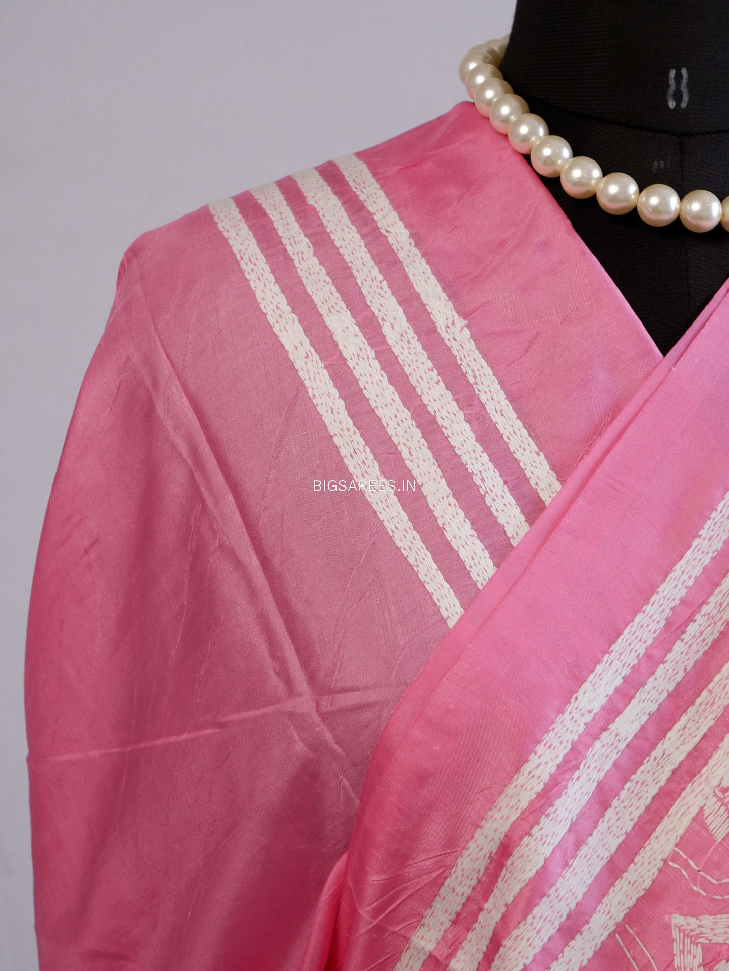 Kantha Stitch Hand Embroidered Saree | Blended Bangalore Silk / Art Silk | Pink