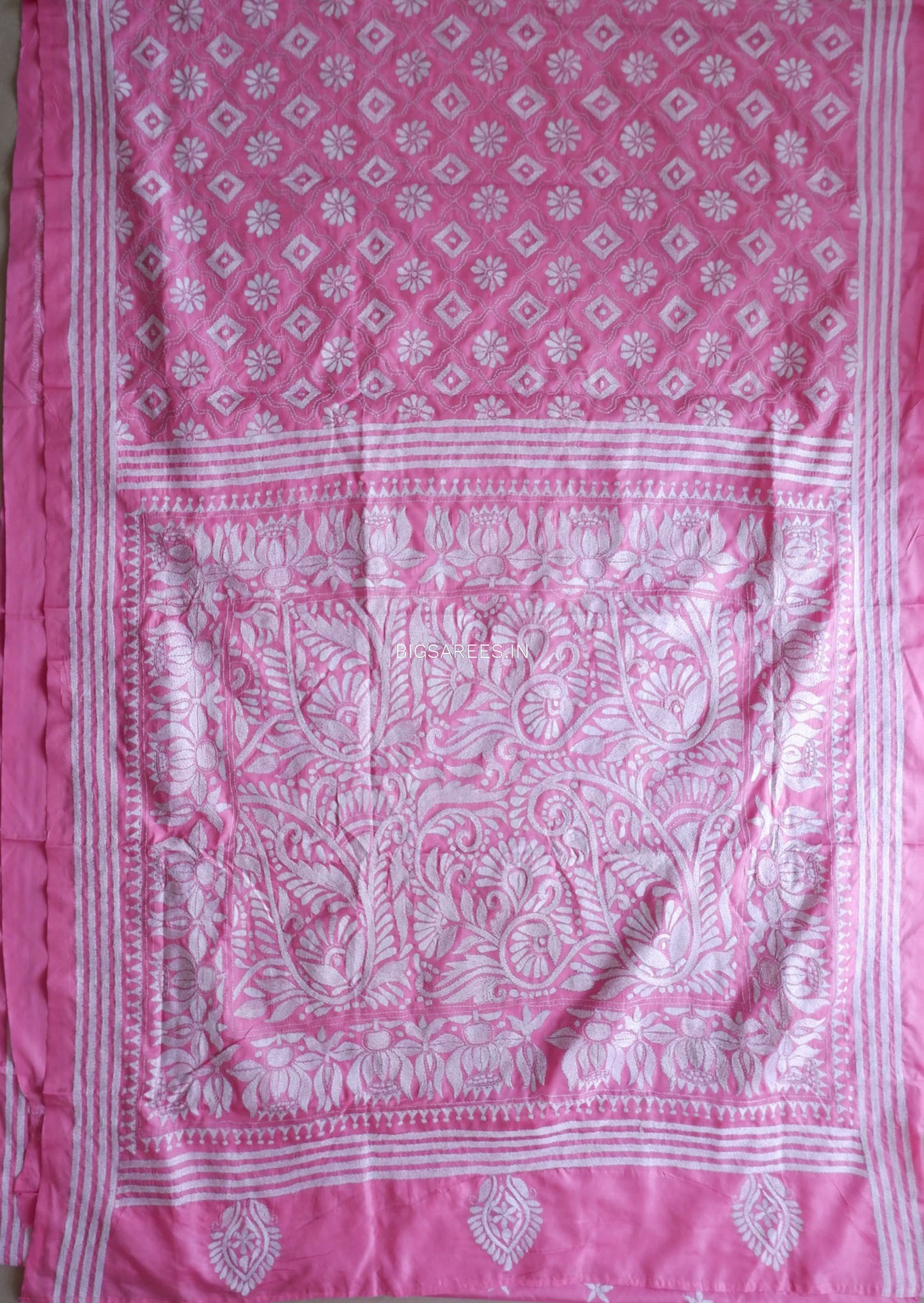 Kantha Stitch Hand Embroidered Saree | Blended Bangalore Silk / Art Silk | Pink