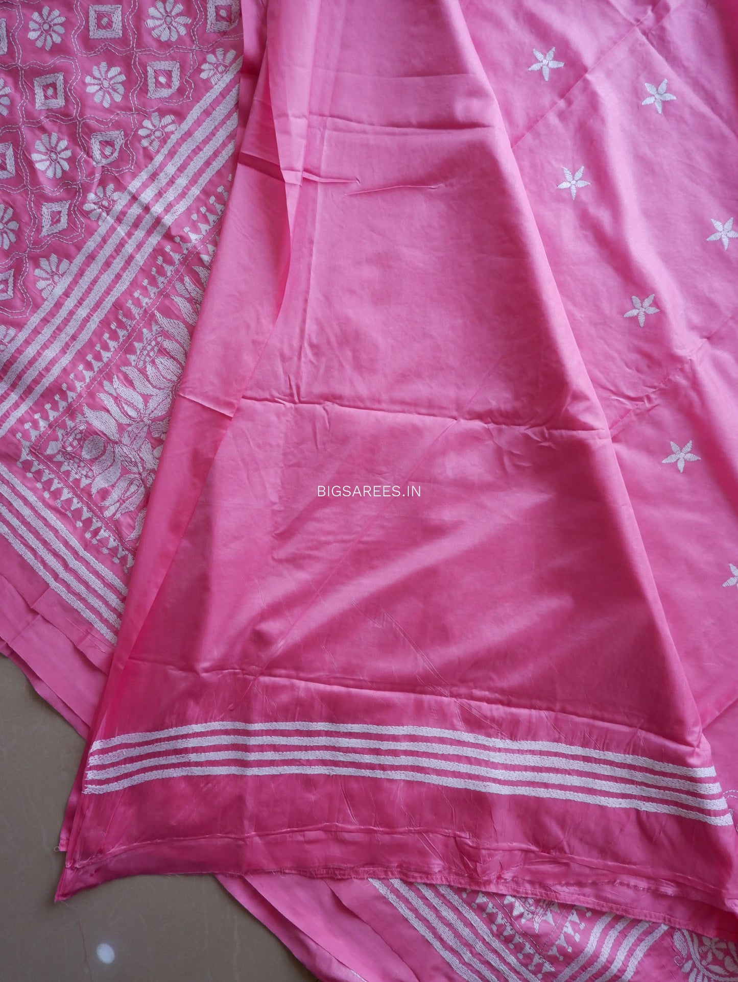 Kantha Stitch Hand Embroidered Saree | Blended Bangalore Silk / Art Silk | Pink
