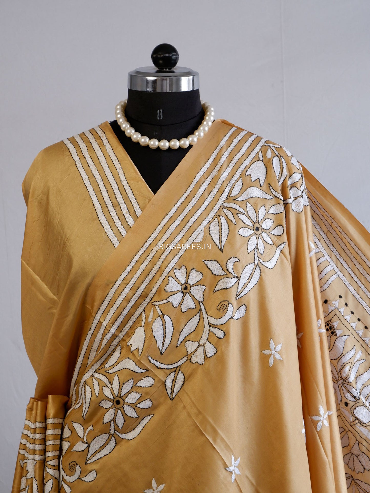 Kantha Stitch Hand Embroidered Saree | Blended Bangalore Silk / Art Silk | Bronze