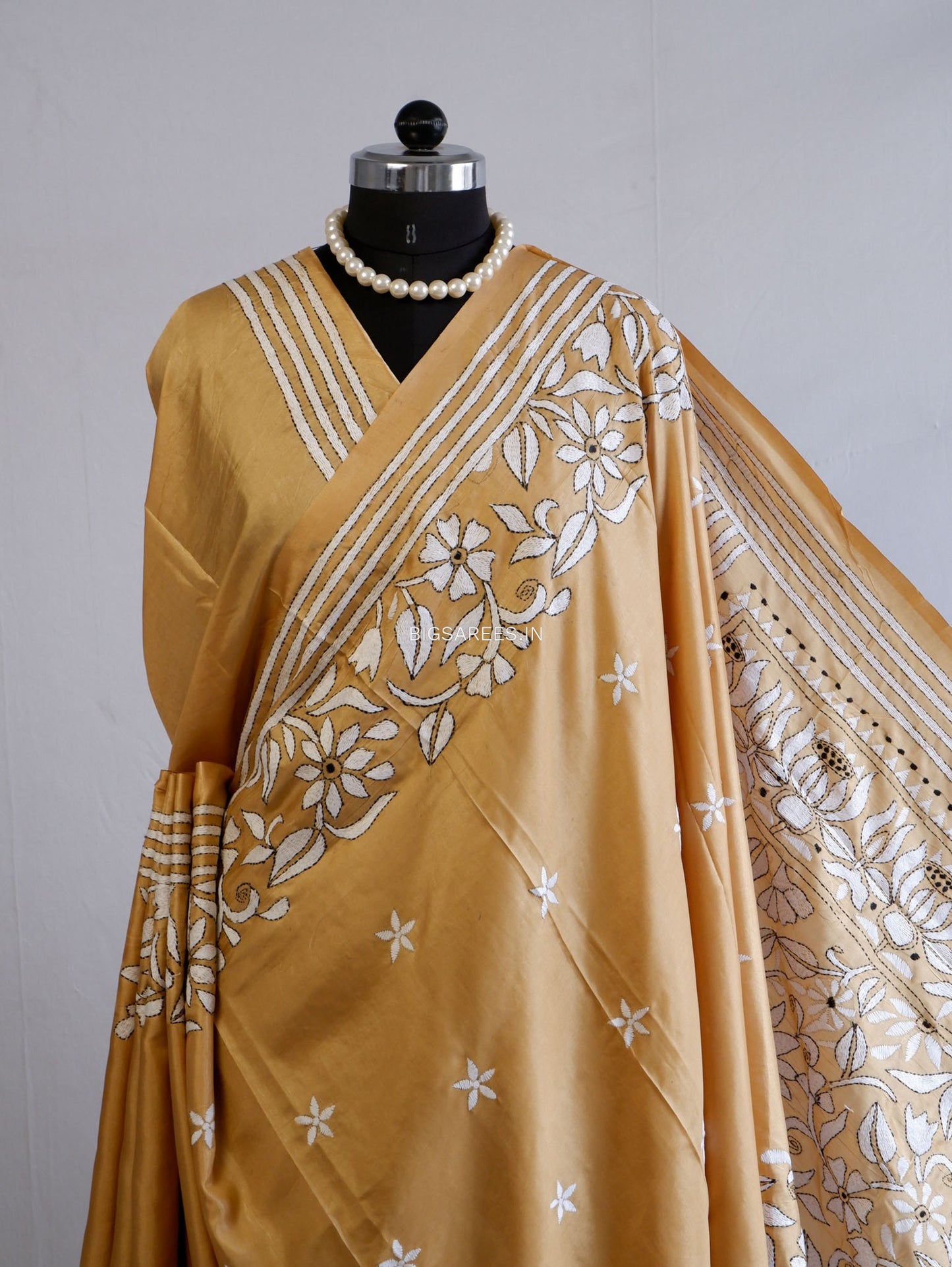 Kantha Stitch Hand Embroidered Saree | Blended Bangalore Silk / Art Silk | Bronze