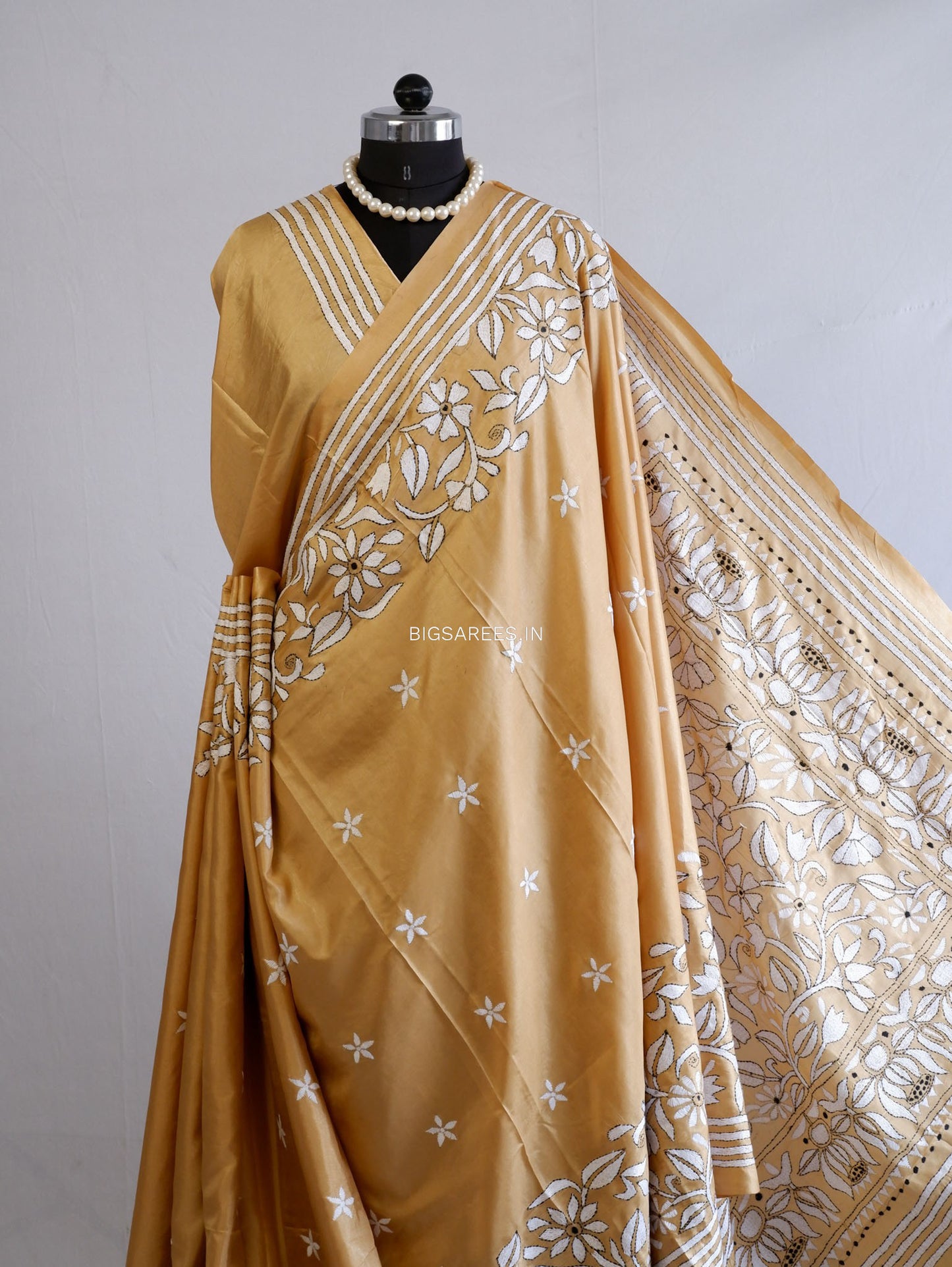 Kantha Stitch Hand Embroidered Saree | Blended Bangalore Silk / Art Silk | Bronze
