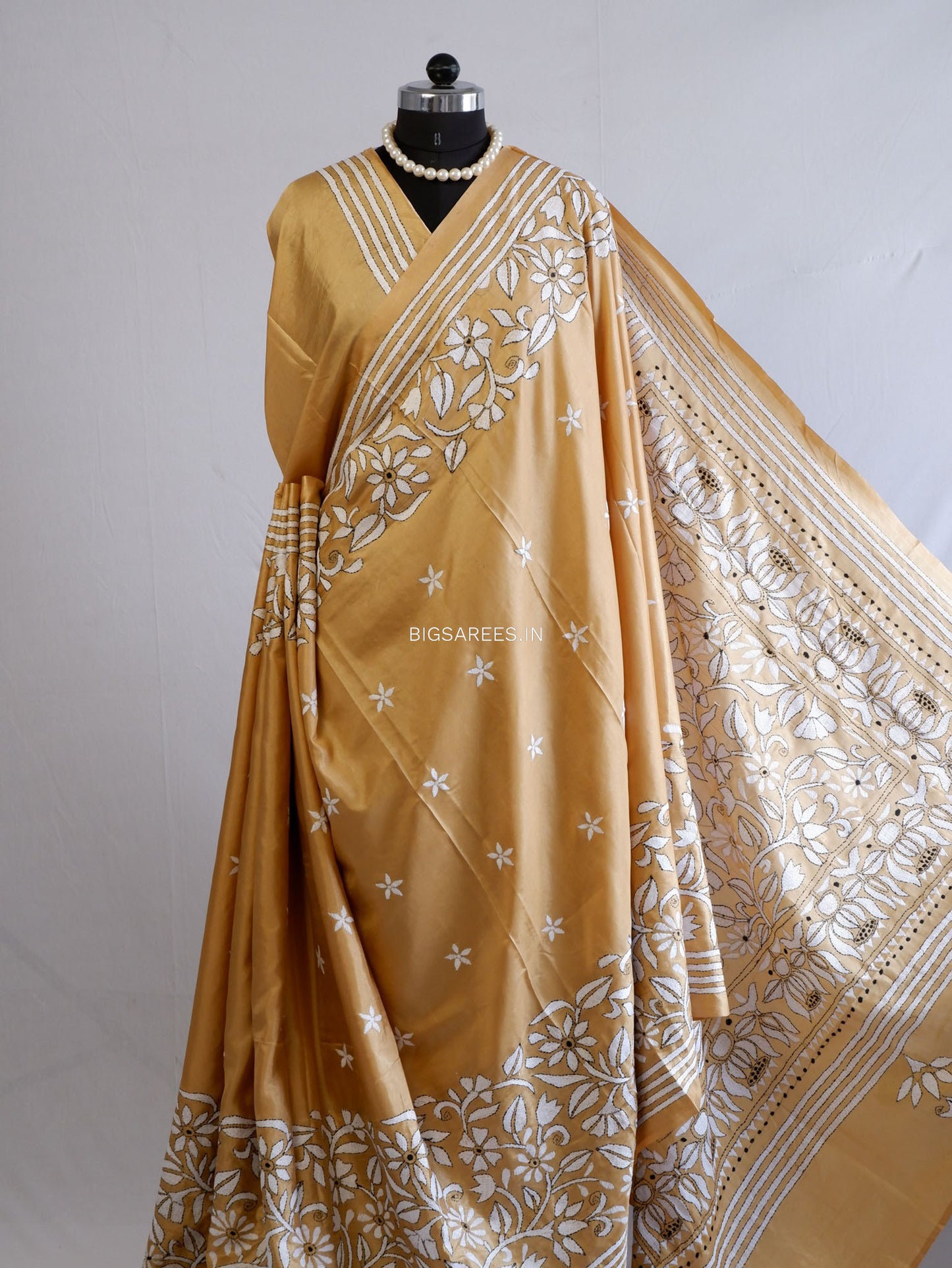 Kantha Stitch Hand Embroidered Saree | Blended Bangalore Silk / Art Silk | Bronze