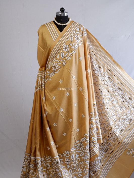 Kantha Stitch Hand Embroidered Saree | Blended Bangalore Silk / Art Silk | Bronze