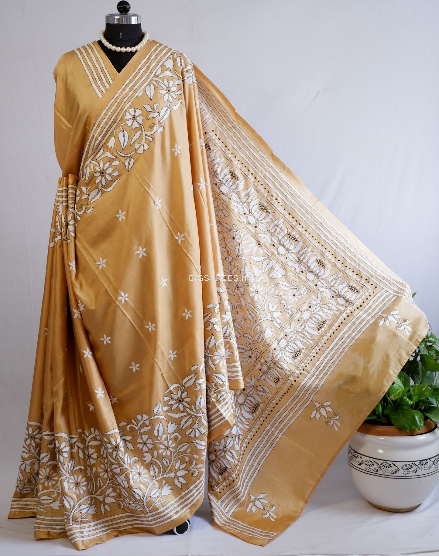 Kantha Stitch Hand Embroidered Saree | Blended Bangalore Silk / Art Silk | Bronze