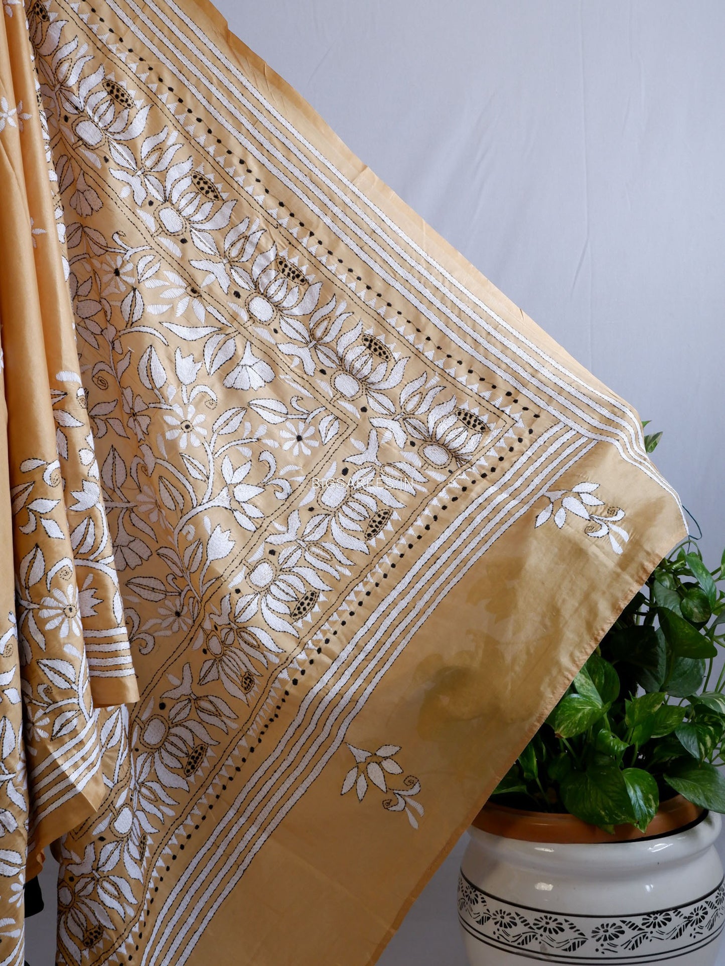 Kantha Stitch Hand Embroidered Saree | Blended Bangalore Silk / Art Silk | Bronze