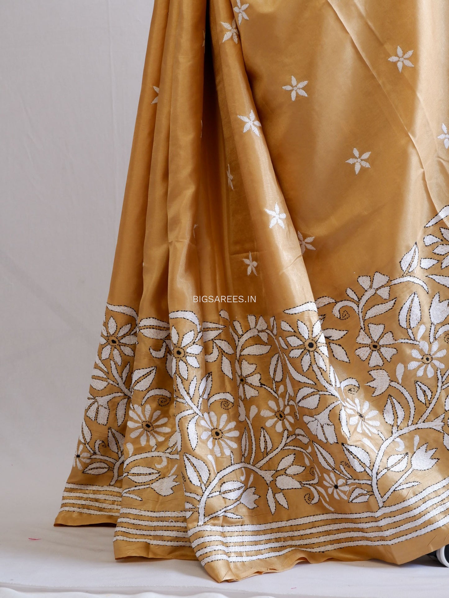 Kantha Stitch Hand Embroidered Saree | Blended Bangalore Silk / Art Silk | Bronze