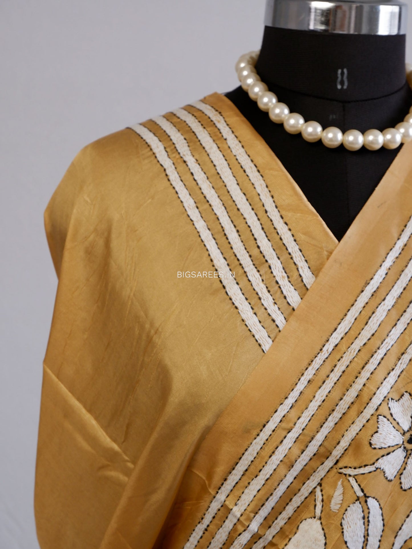 Kantha Stitch Hand Embroidered Saree | Blended Bangalore Silk / Art Silk | Bronze