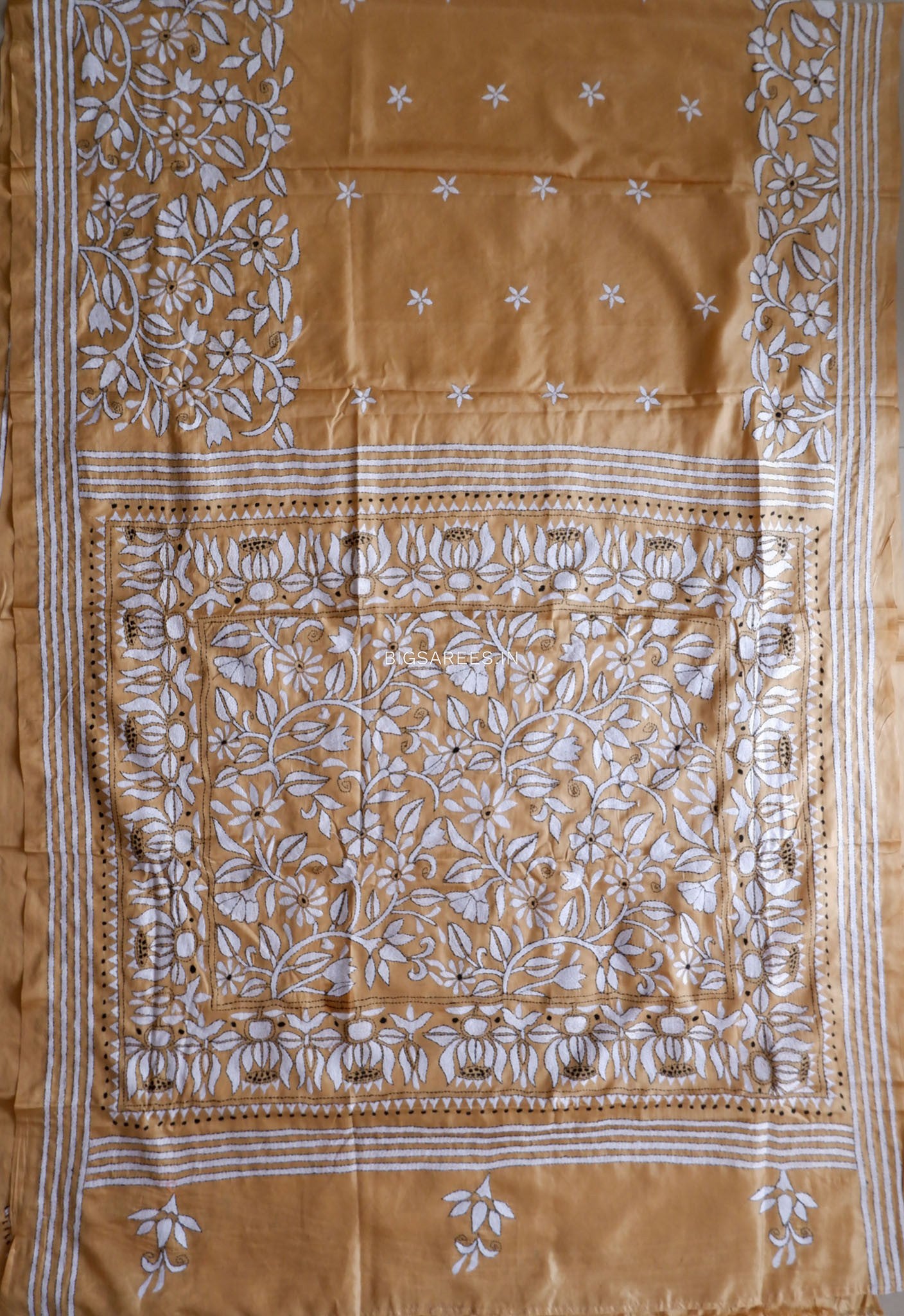 Kantha Stitch Hand Embroidered Saree | Blended Bangalore Silk / Art Silk | Bronze