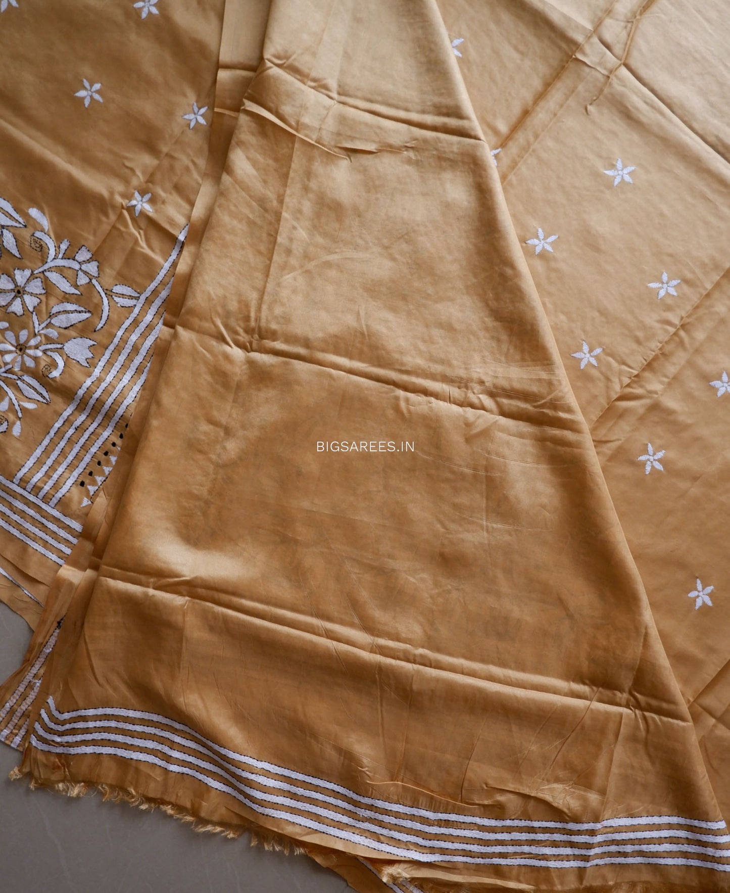 Kantha Stitch Hand Embroidered Saree | Blended Bangalore Silk / Art Silk | Bronze