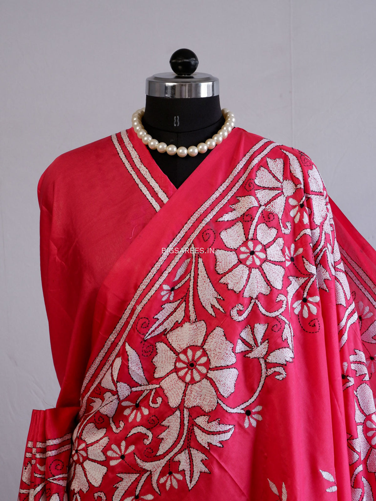 Kantha Stitch Hand Embroidered Saree | Blended Bangalore Silk / Art Silk | Dark Pink