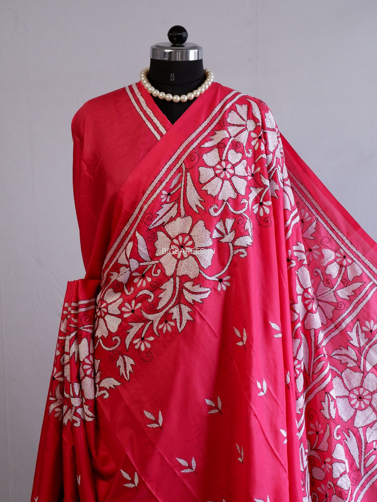 Kantha Stitch Hand Embroidered Saree | Blended Bangalore Silk / Art Silk | Dark Pink