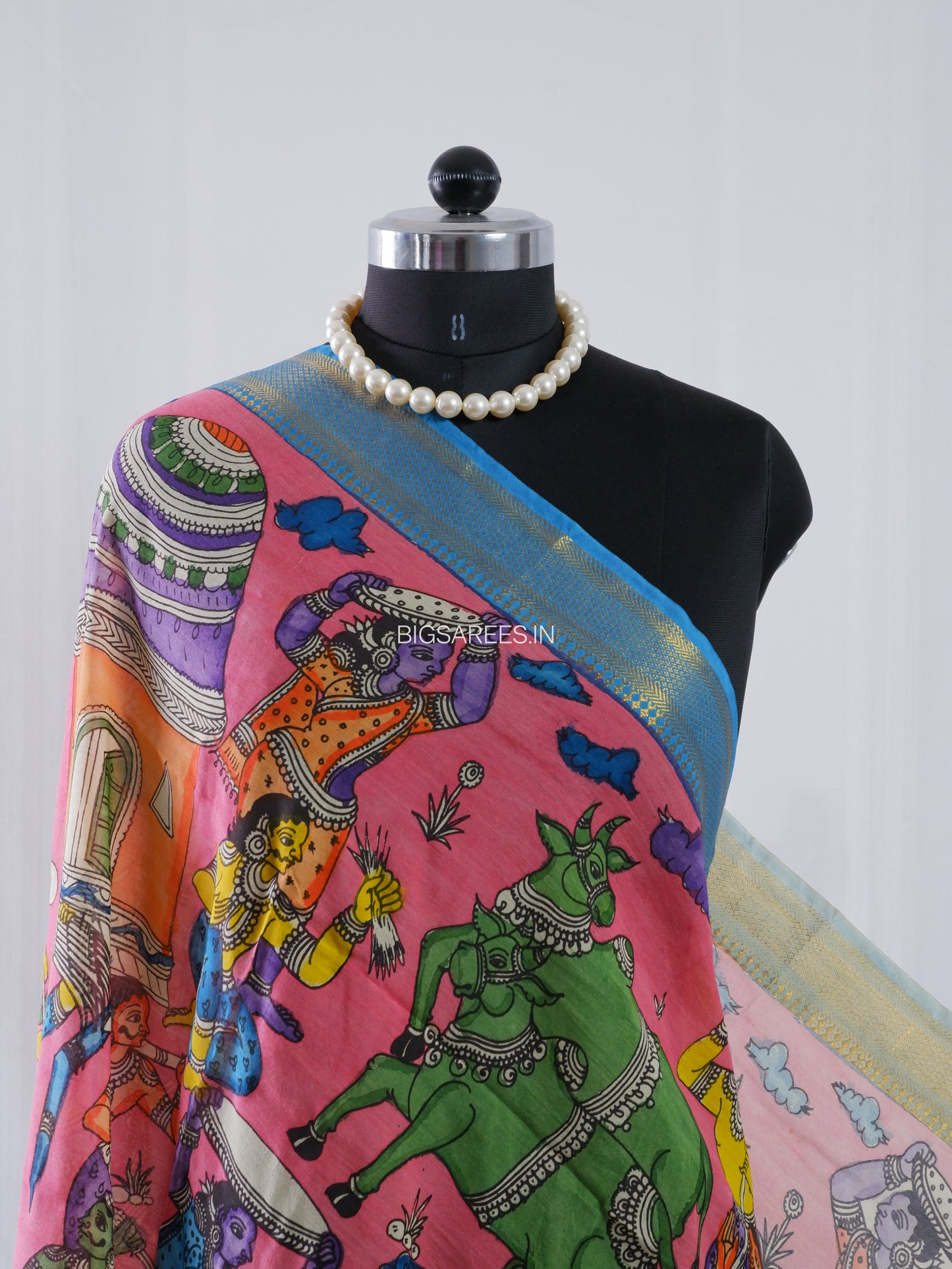 Pen Kalamkari Hand Painted Bangalore Silk Dupatta | Pink |