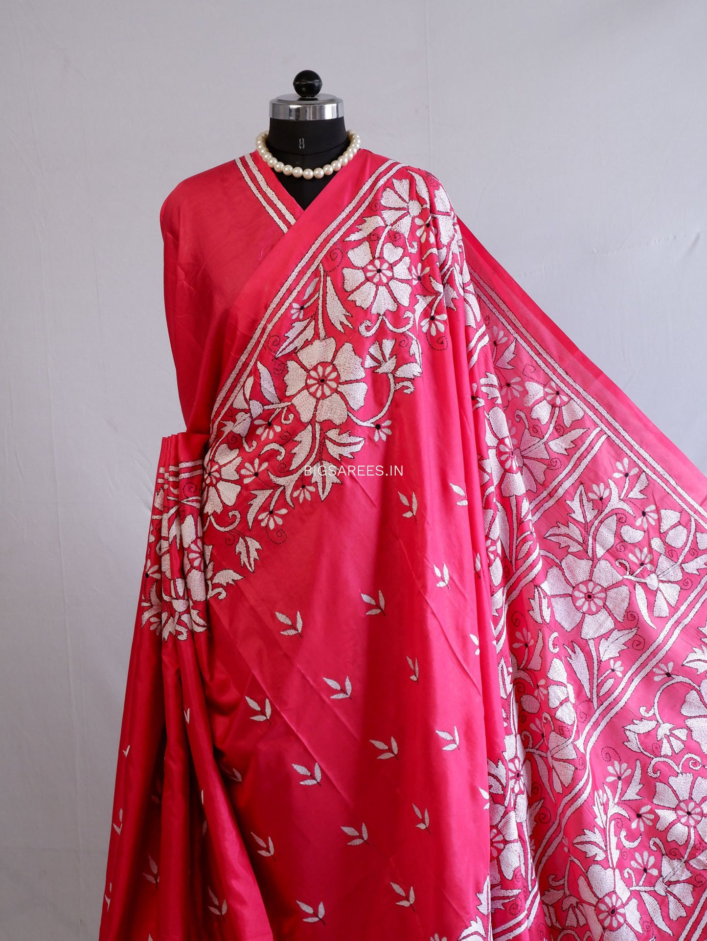 Kantha Stitch Hand Embroidered Saree | Blended Bangalore Silk / Art Silk | Dark Pink