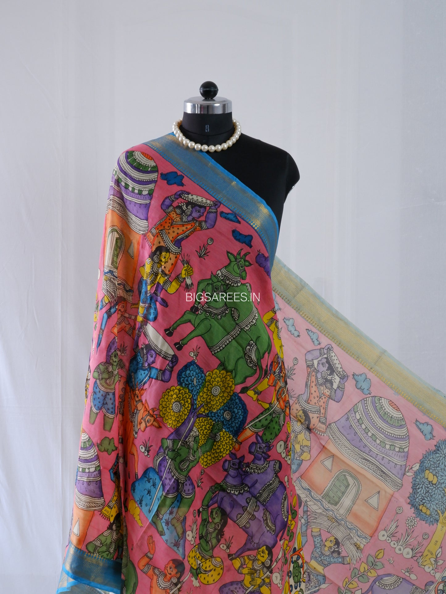 Pen Kalamkari Hand Painted Bangalore Silk Dupatta | Pink |