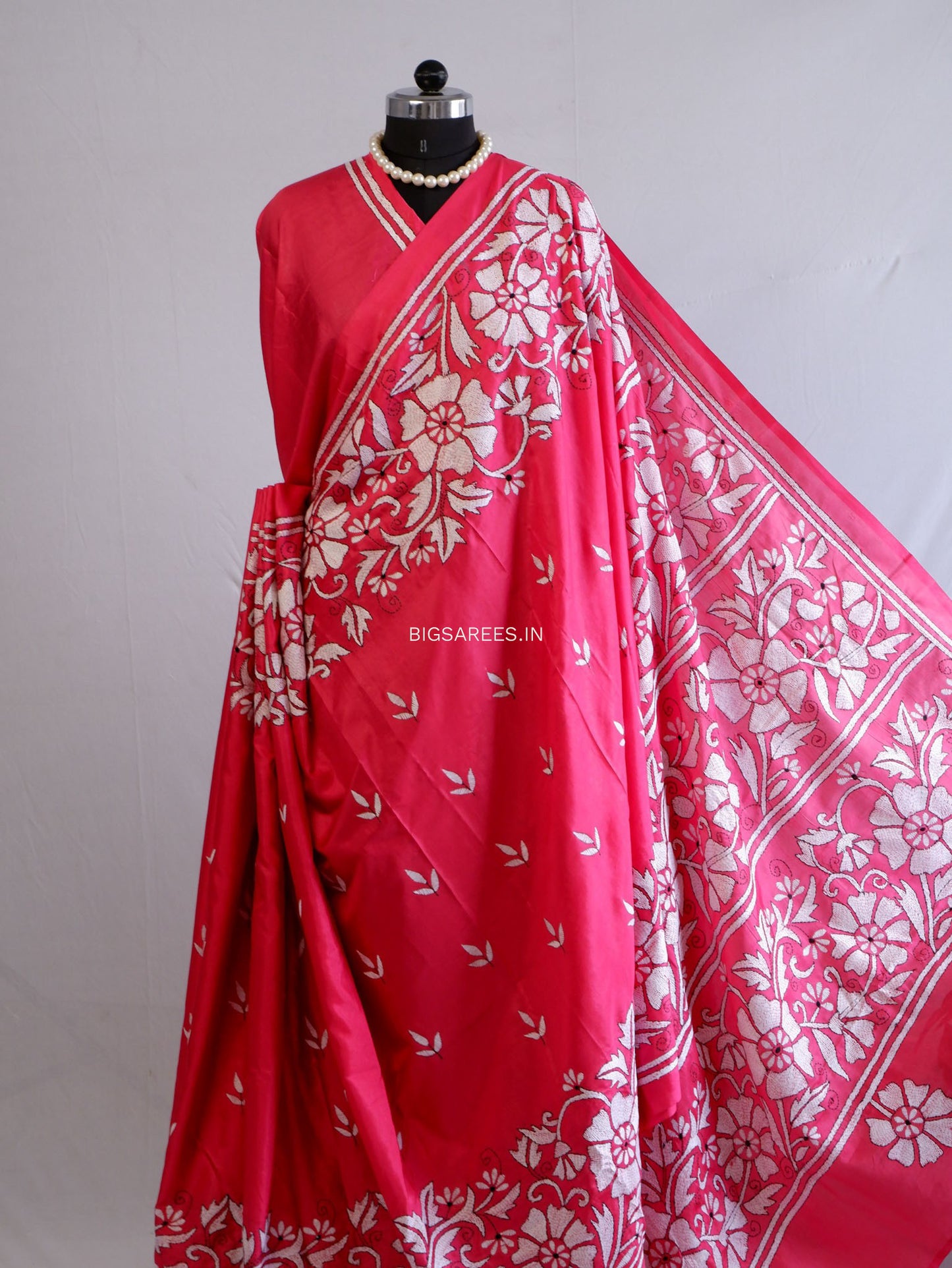 Kantha Stitch Hand Embroidered Saree | Blended Bangalore Silk / Art Silk | Dark Pink
