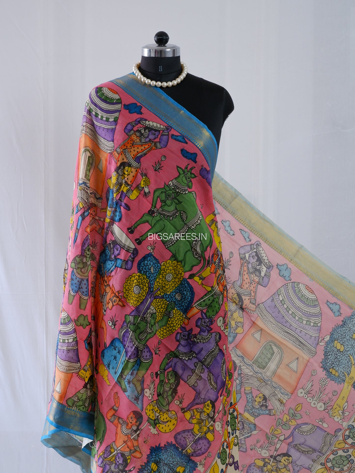 Pen Kalamkari Hand Painted Bangalore Silk Dupatta | Pink |