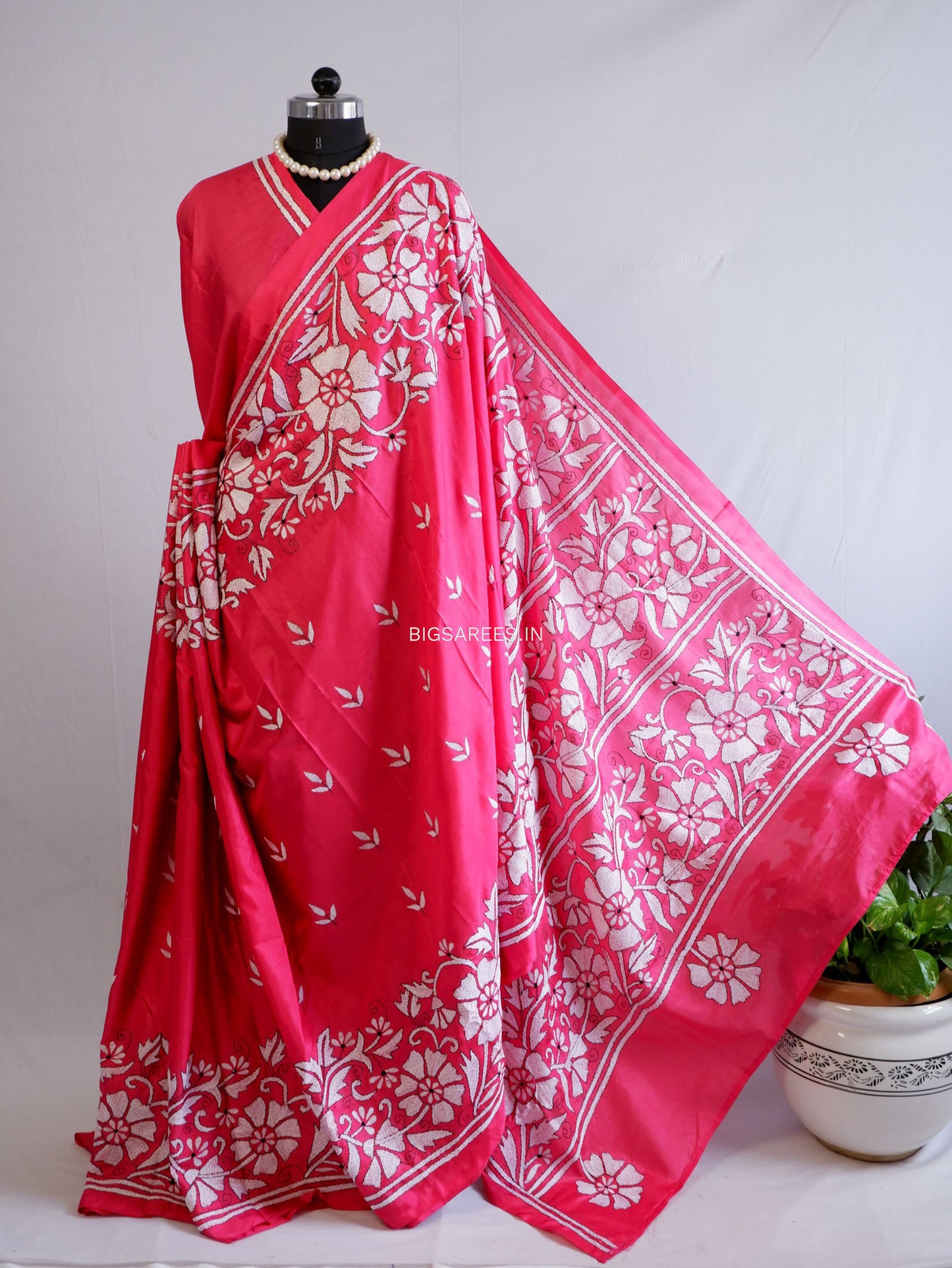 Kantha Stitch Hand Embroidered Saree | Blended Bangalore Silk / Art Silk | Dark Pink