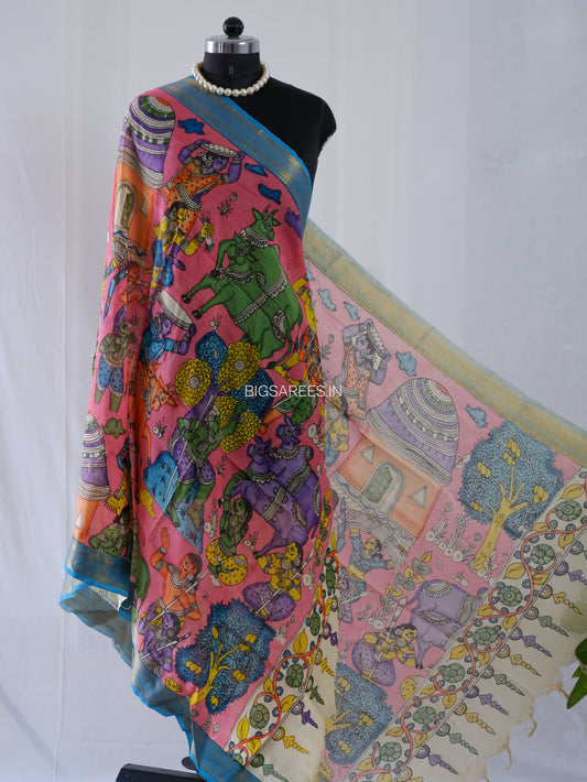 Pen Kalamkari Hand Painted Bangalore Silk Dupatta | Pink |