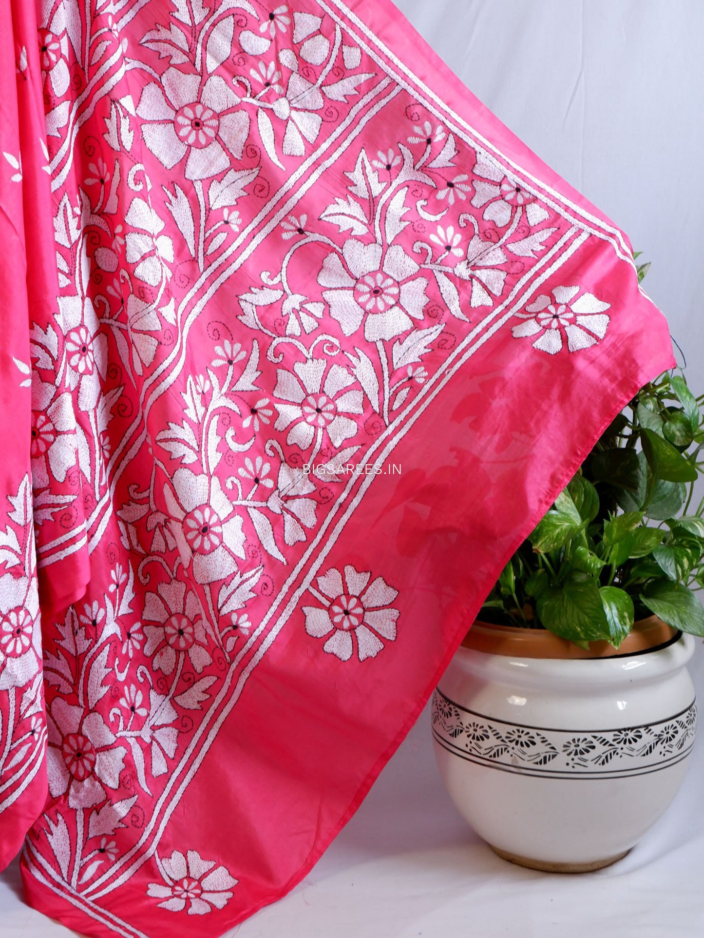 Kantha Stitch Hand Embroidered Saree | Blended Bangalore Silk / Art Silk | Dark Pink