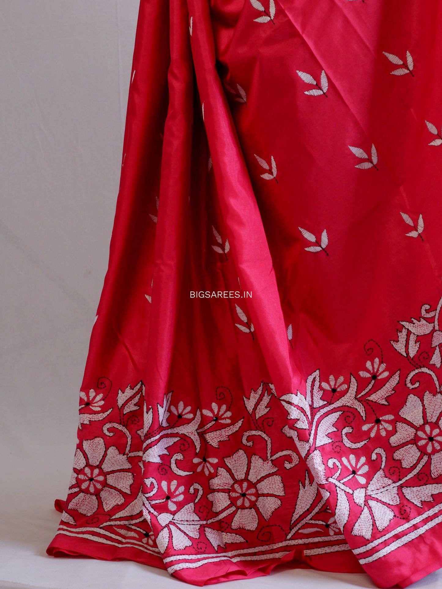 Kantha Stitch Hand Embroidered Saree | Blended Bangalore Silk / Art Silk | Dark Pink