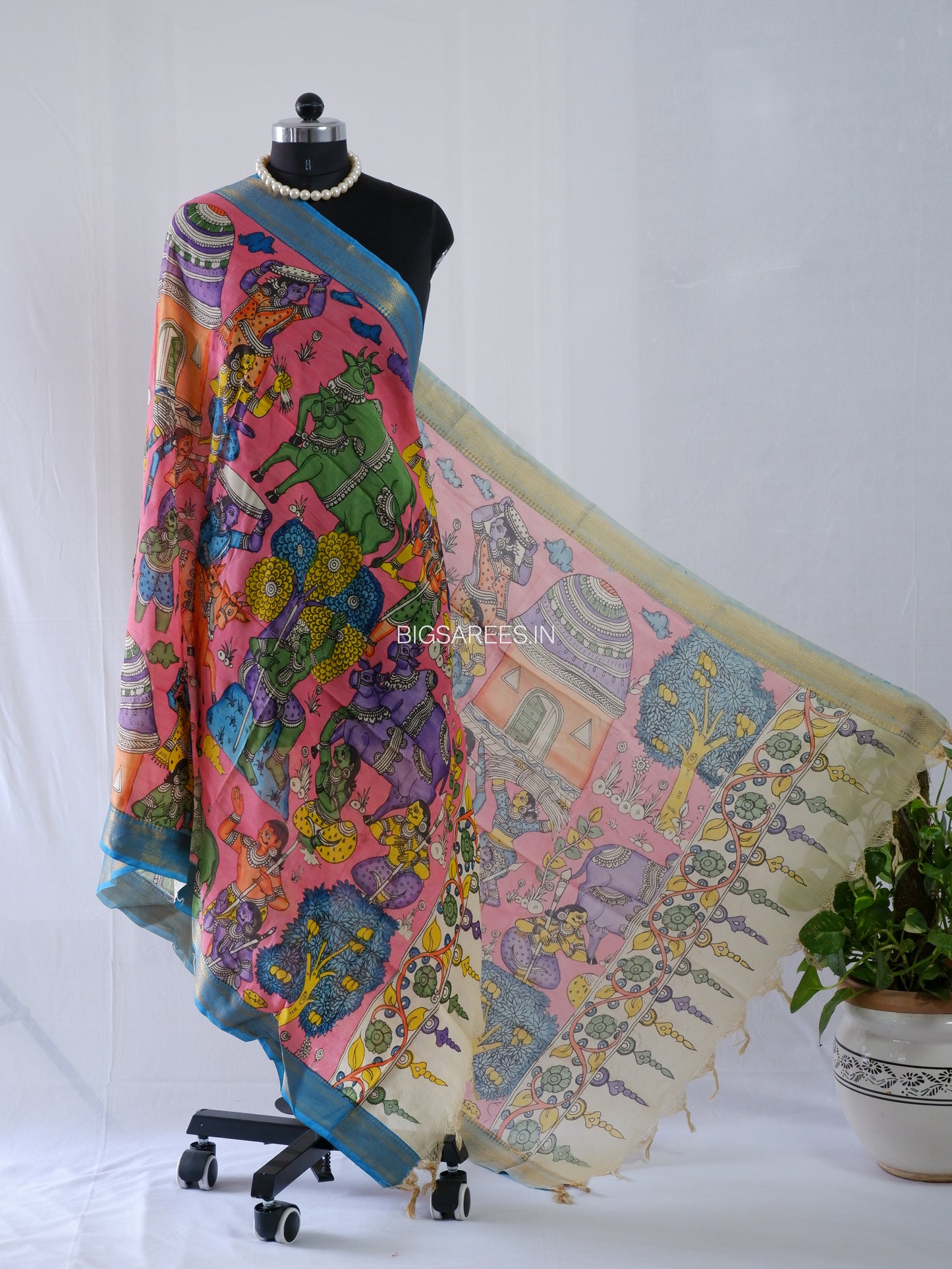 Pen Kalamkari Hand Painted Bangalore Silk Dupatta | Pink |