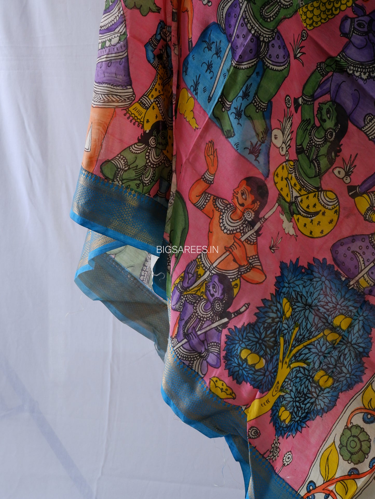Pen Kalamkari Hand Painted Bangalore Silk Dupatta | Pink |