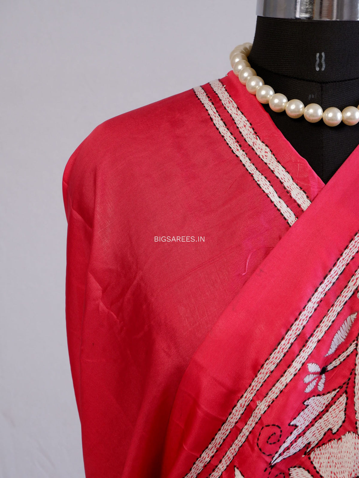 Kantha Stitch Hand Embroidered Saree | Blended Bangalore Silk / Art Silk | Dark Pink