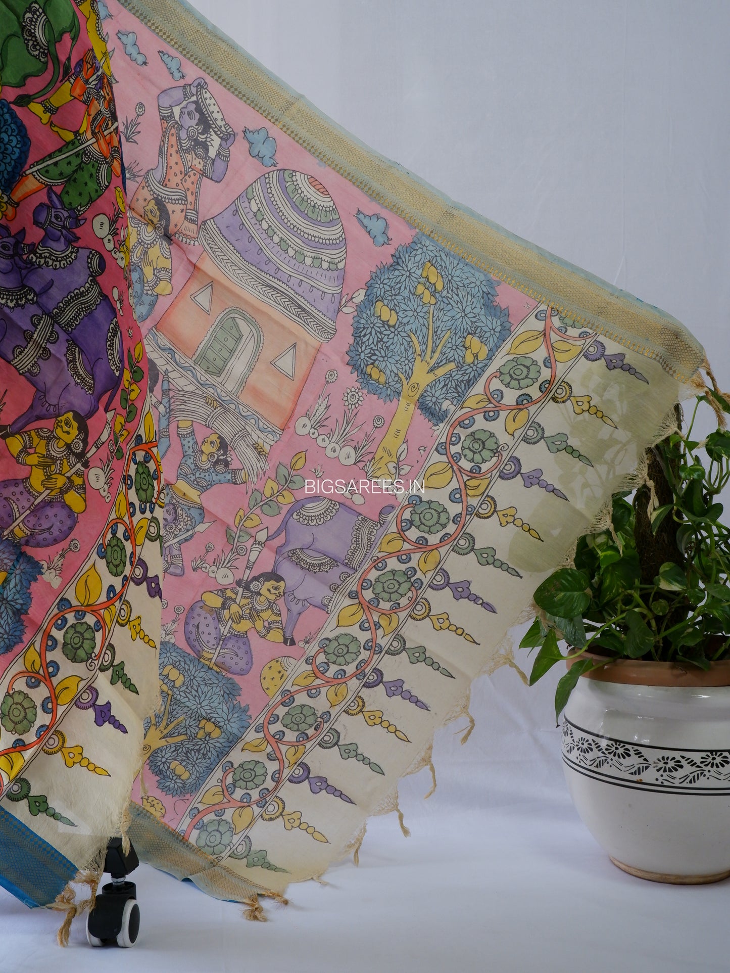 Pen Kalamkari Hand Painted Bangalore Silk Dupatta | Pink |