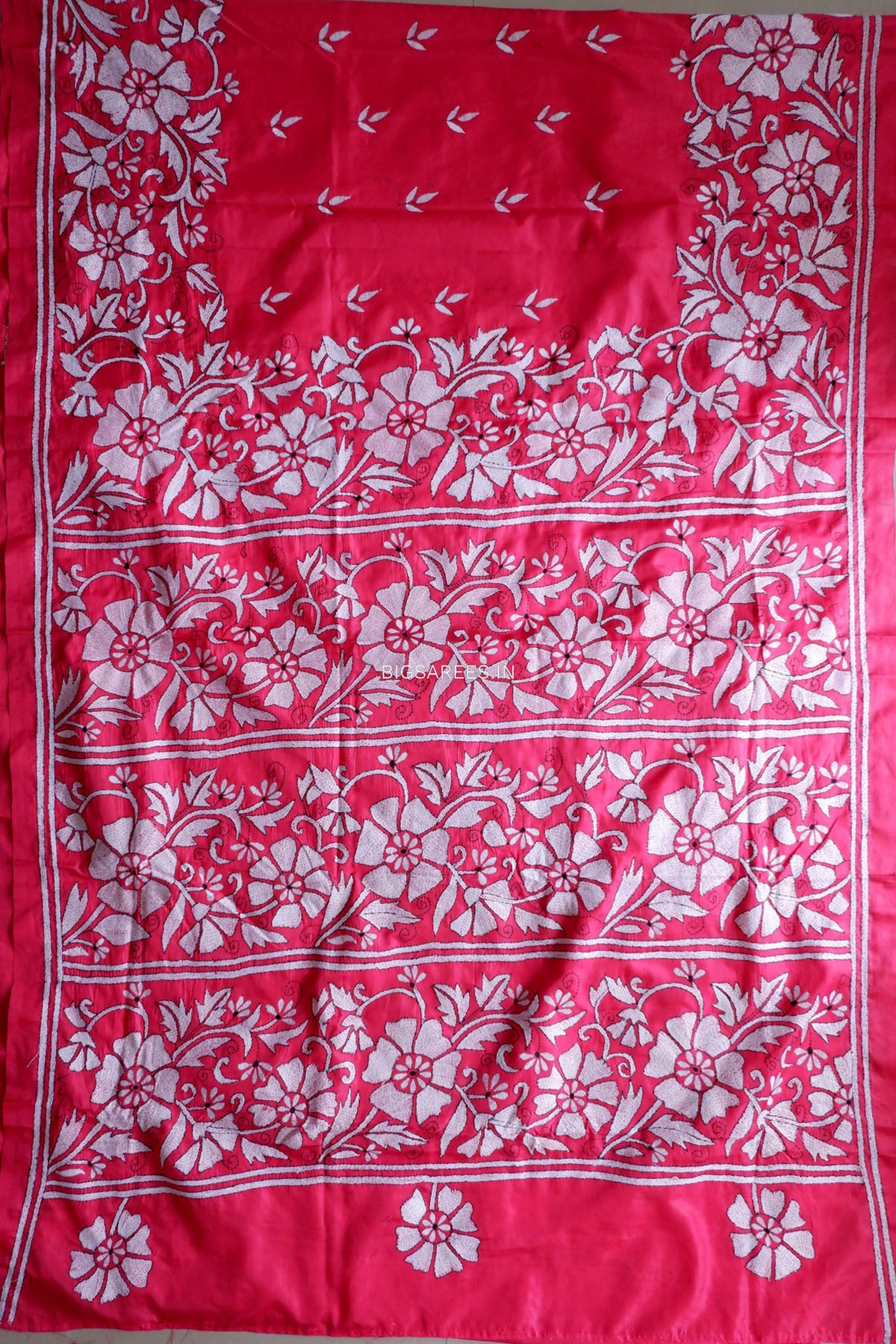 Kantha Stitch Hand Embroidered Saree | Blended Bangalore Silk / Art Silk | Dark Pink