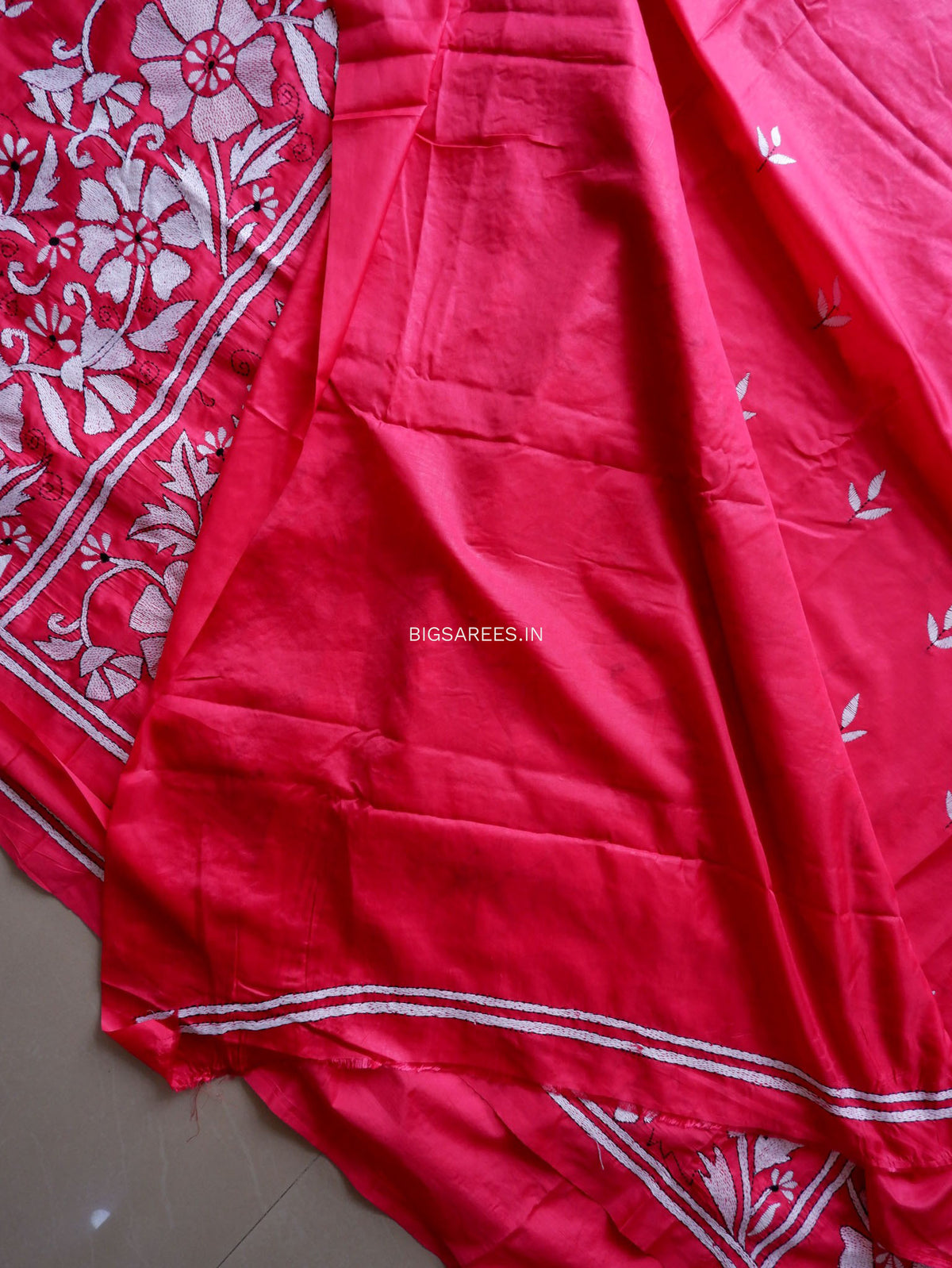 Kantha Stitch Hand Embroidered Saree | Blended Bangalore Silk / Art Silk | Dark Pink