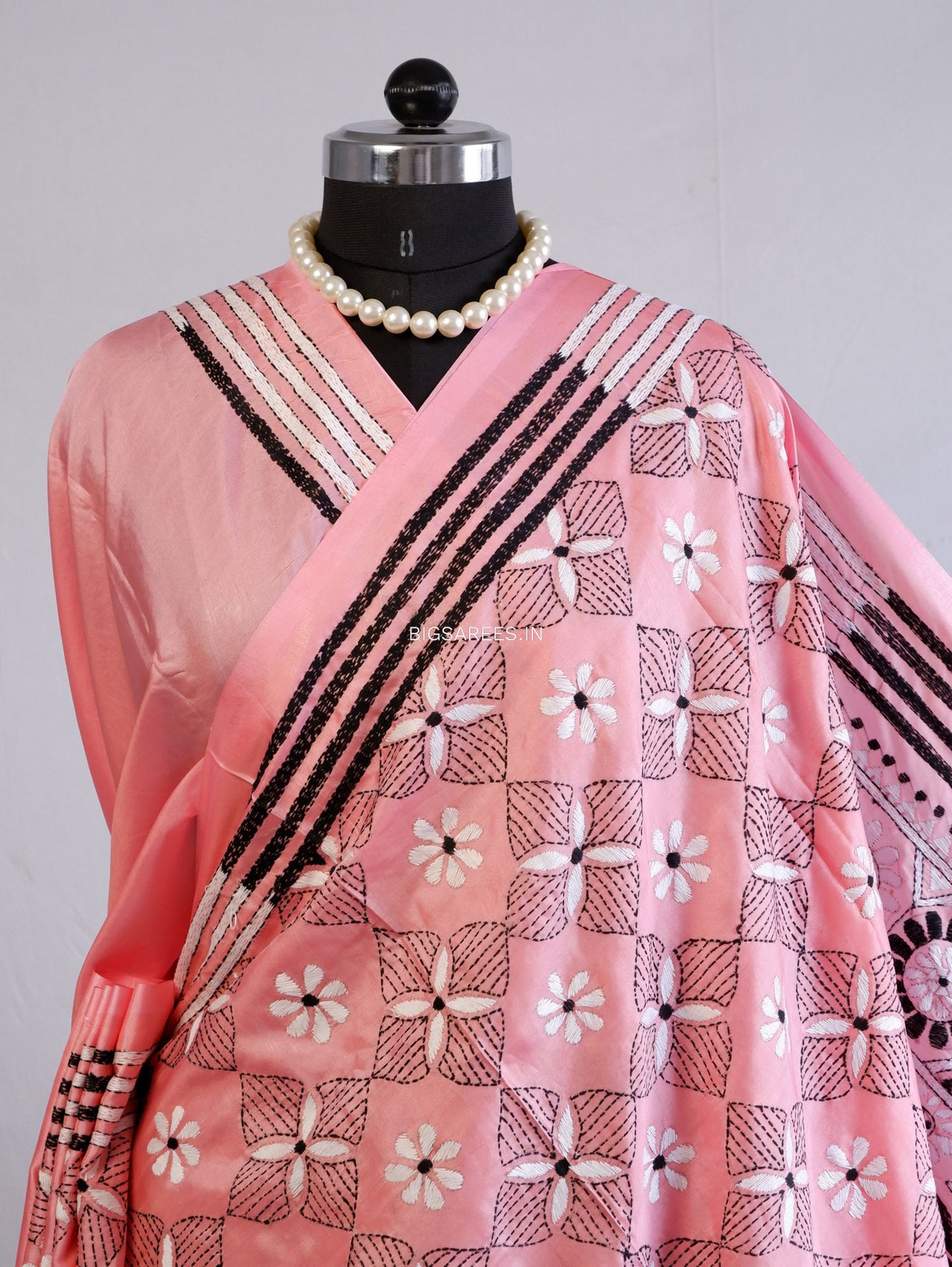 Kantha Stitch Hand Embroidered Saree | Blended Bangalore Silk / Art Silk | Pink