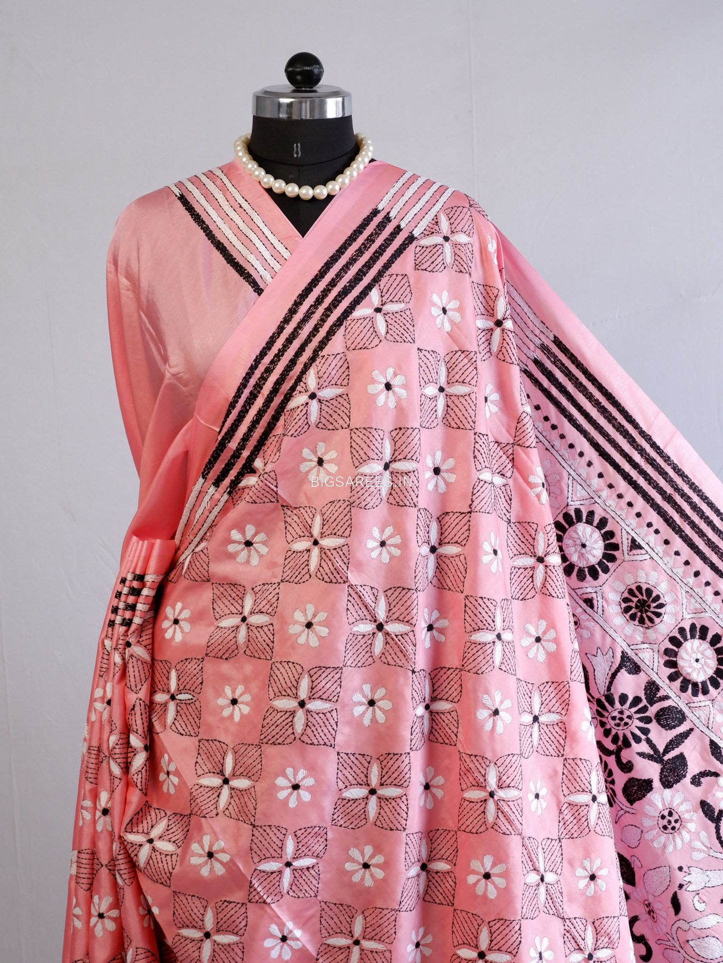 Kantha Stitch Hand Embroidered Saree | Blended Bangalore Silk / Art Silk | Pink