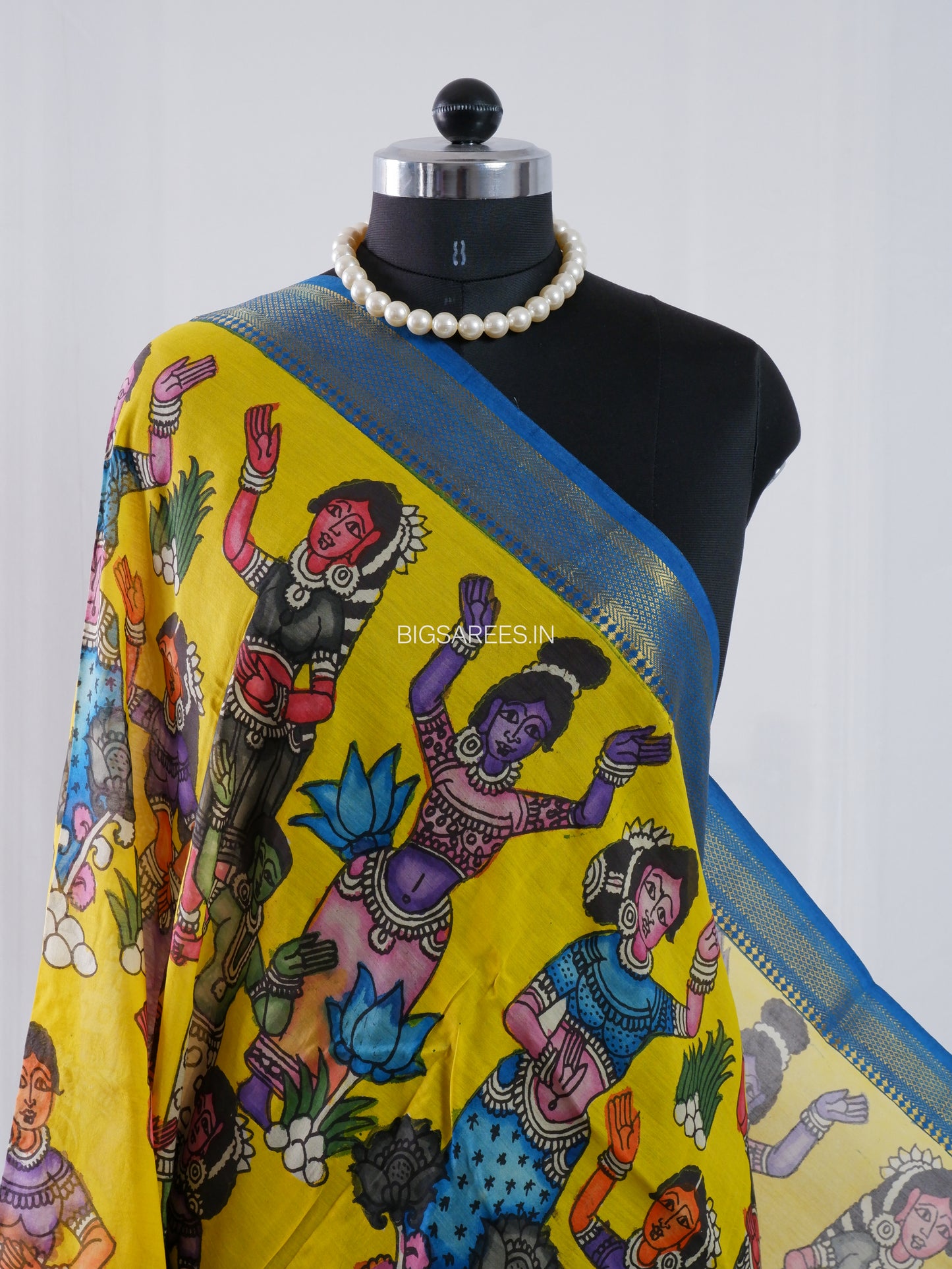 Pen Kalamkari Hand Painted Bangalore Silk Dupatta | Yellow |