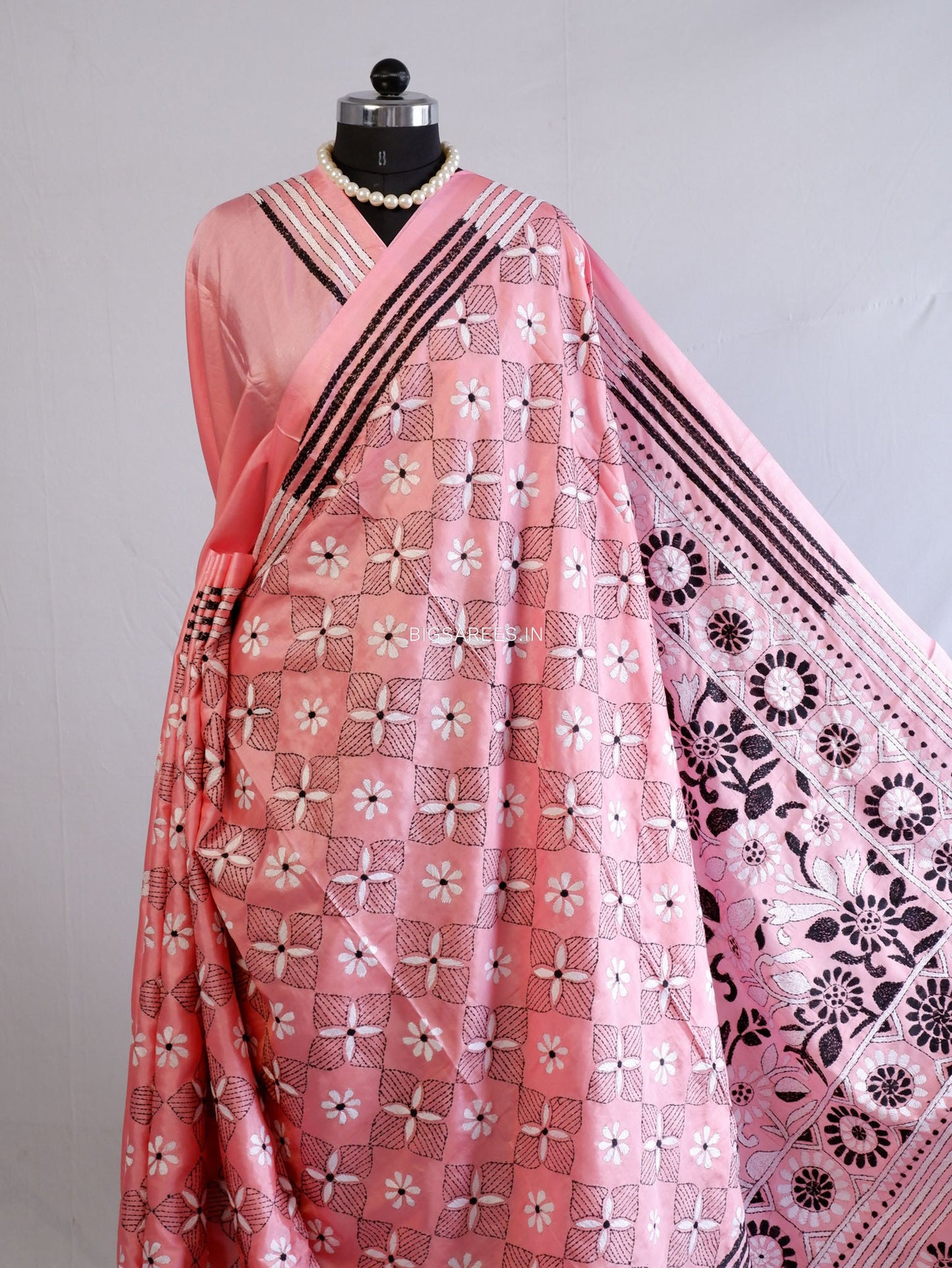 Kantha Stitch Hand Embroidered Saree | Blended Bangalore Silk / Art Silk | Pink