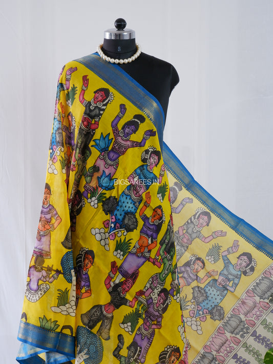 Pen Kalamkari Hand Painted Bangalore Silk Dupatta | Yellow |