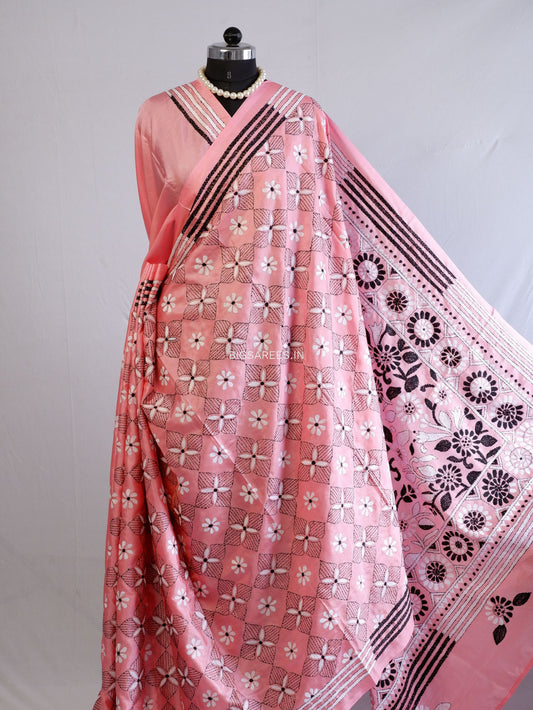 Kantha Stitch Hand Embroidered Saree | Blended Bangalore Silk / Art Silk | Pink