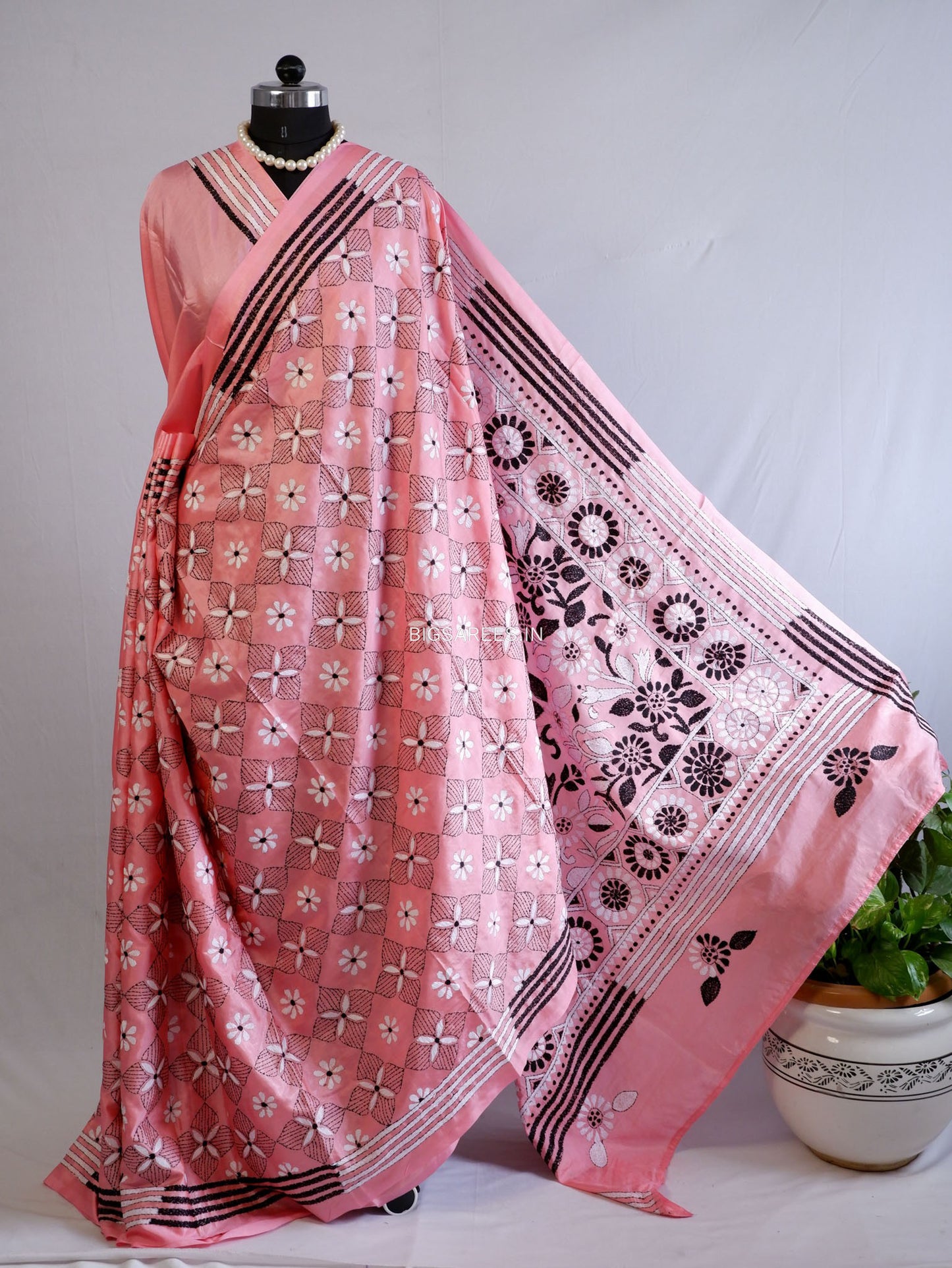 Kantha Stitch Hand Embroidered Saree | Blended Bangalore Silk / Art Silk | Pink