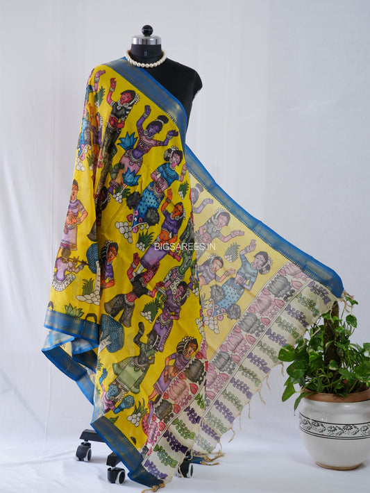 Pen Kalamkari Hand Painted Bangalore Silk Dupatta | Yellow |
