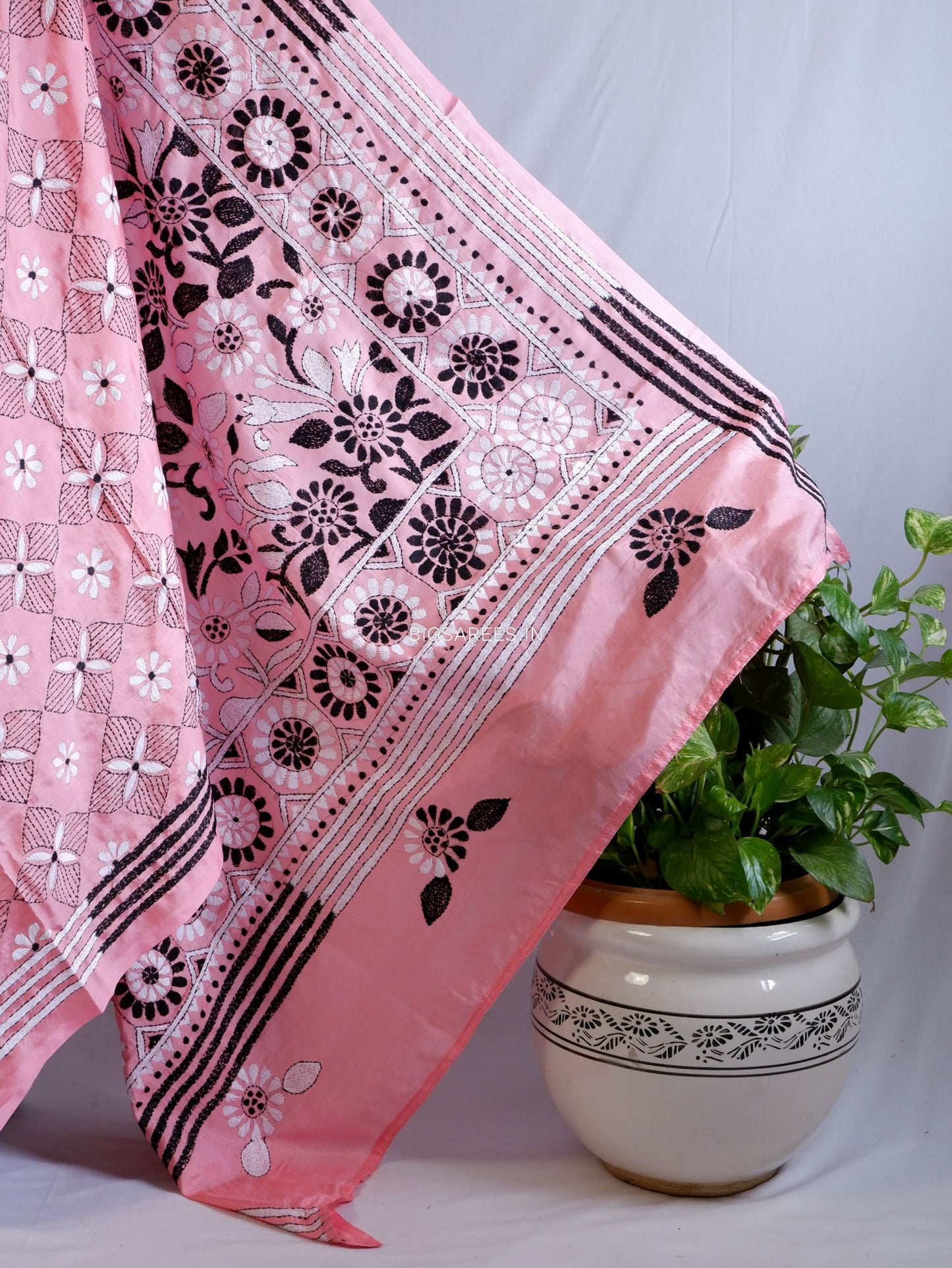 Kantha Stitch Hand Embroidered Saree | Blended Bangalore Silk / Art Silk | Pink
