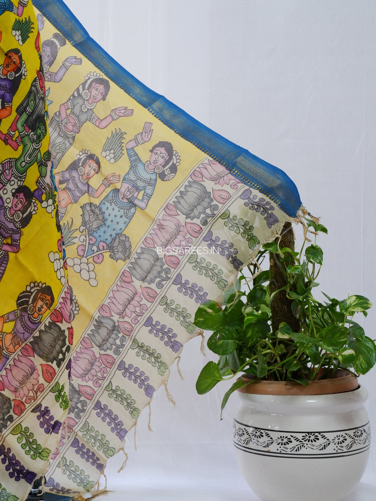 Pen Kalamkari Hand Painted Bangalore Silk Dupatta | Yellow |