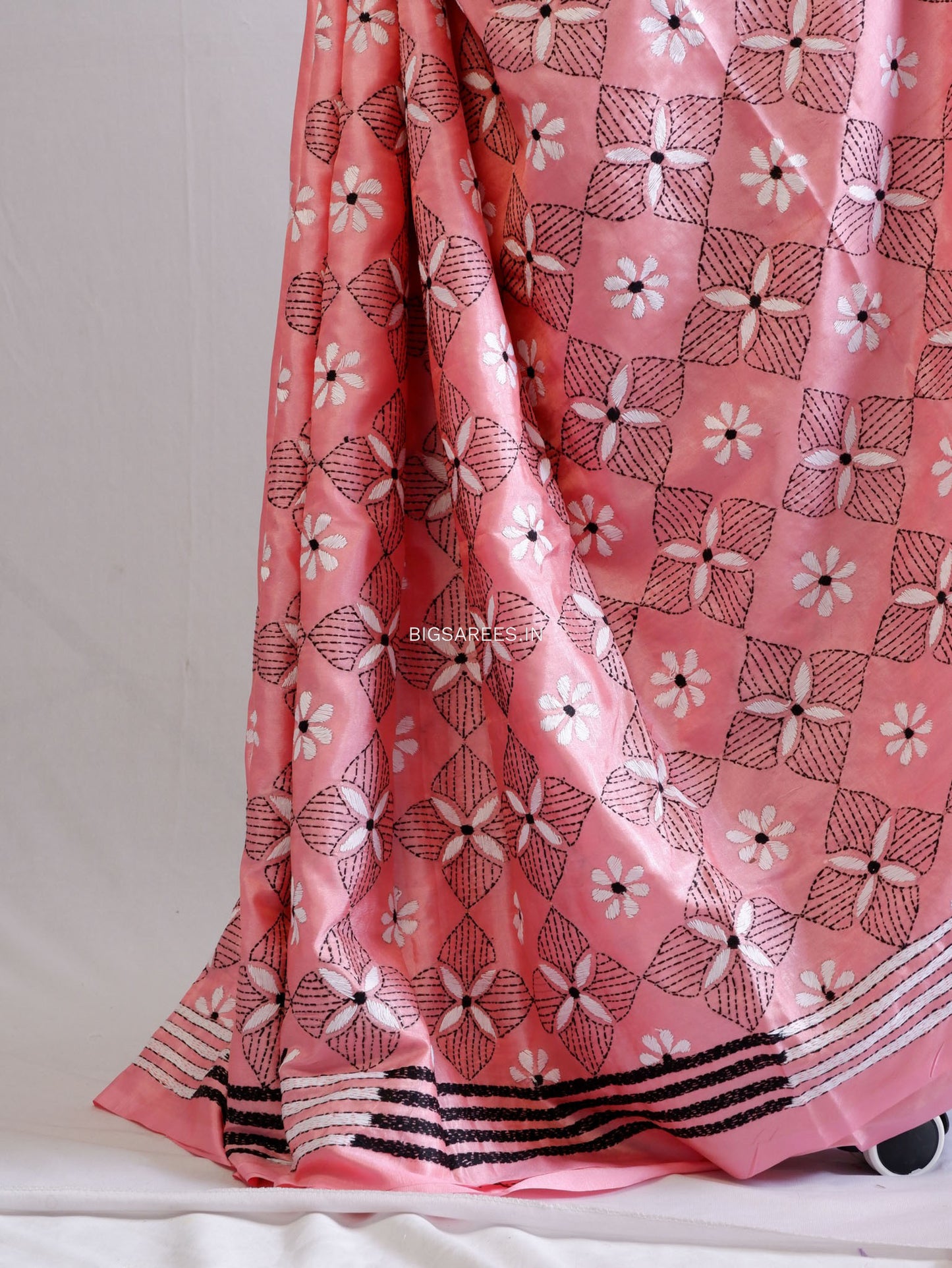 Kantha Stitch Hand Embroidered Saree | Blended Bangalore Silk / Art Silk | Pink
