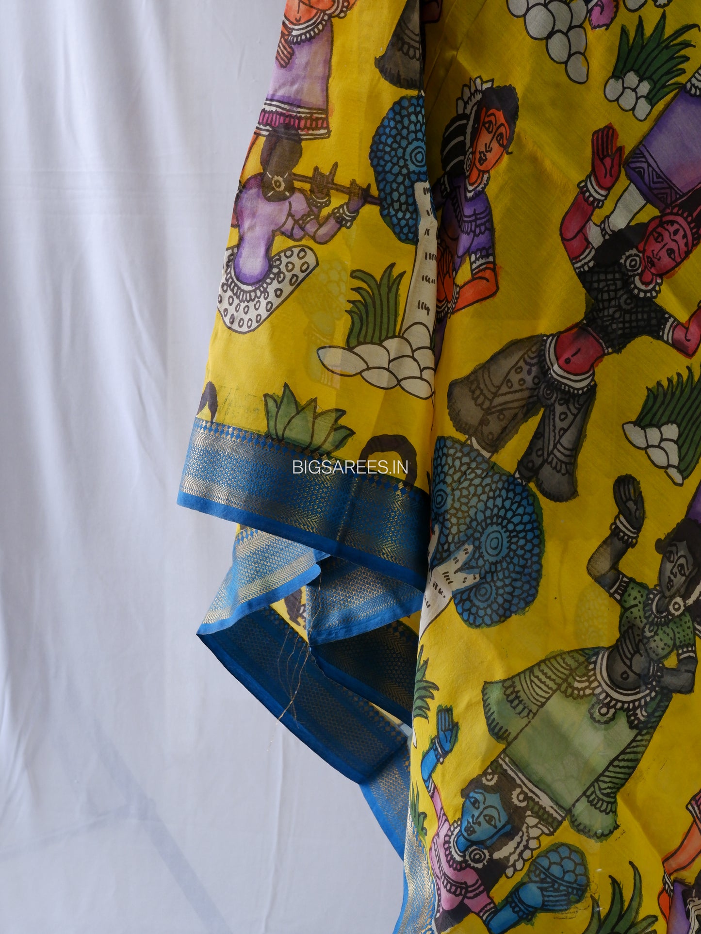 Pen Kalamkari Hand Painted Bangalore Silk Dupatta | Yellow |