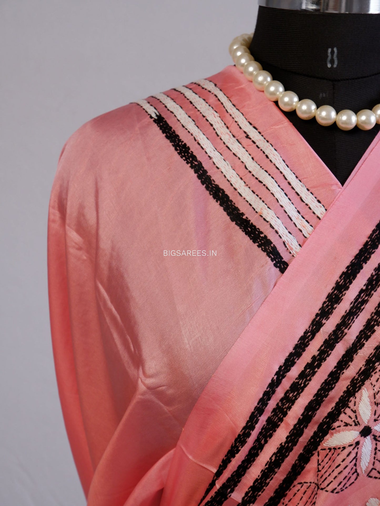 Kantha Stitch Hand Embroidered Saree | Blended Bangalore Silk / Art Silk | Pink