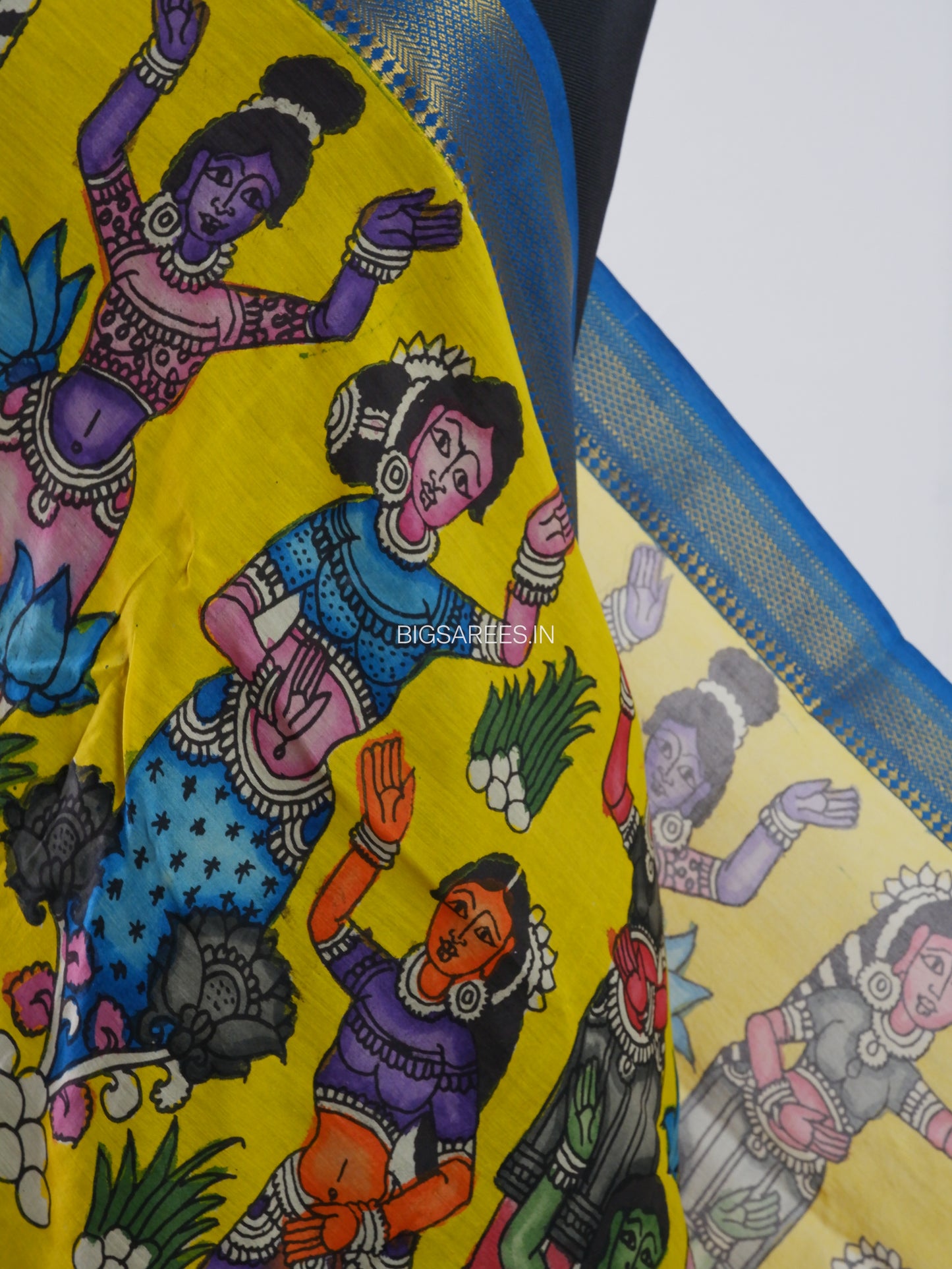Pen Kalamkari Hand Painted Bangalore Silk Dupatta | Yellow |