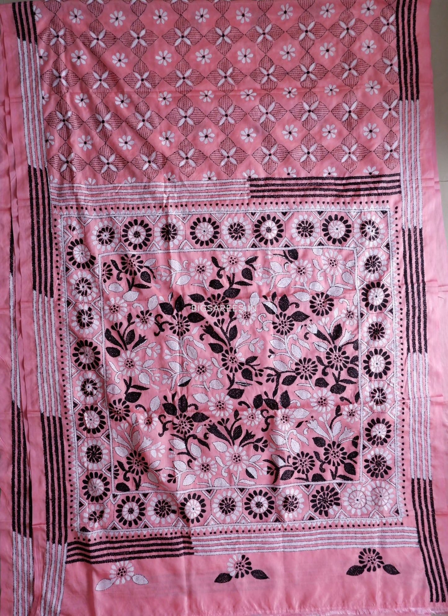 Kantha Stitch Hand Embroidered Saree | Blended Bangalore Silk / Art Silk | Pink