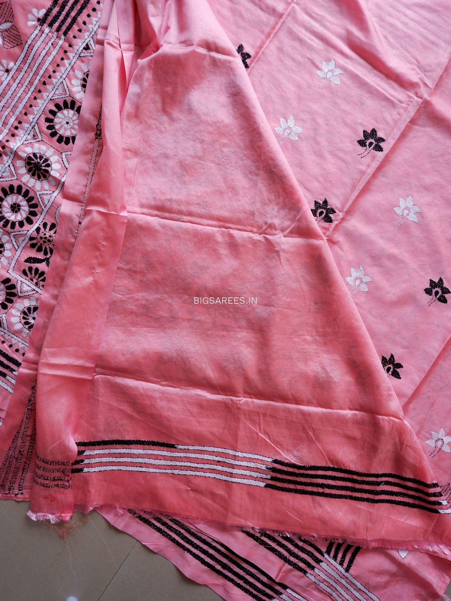 Kantha Stitch Hand Embroidered Saree | Blended Bangalore Silk / Art Silk | Pink
