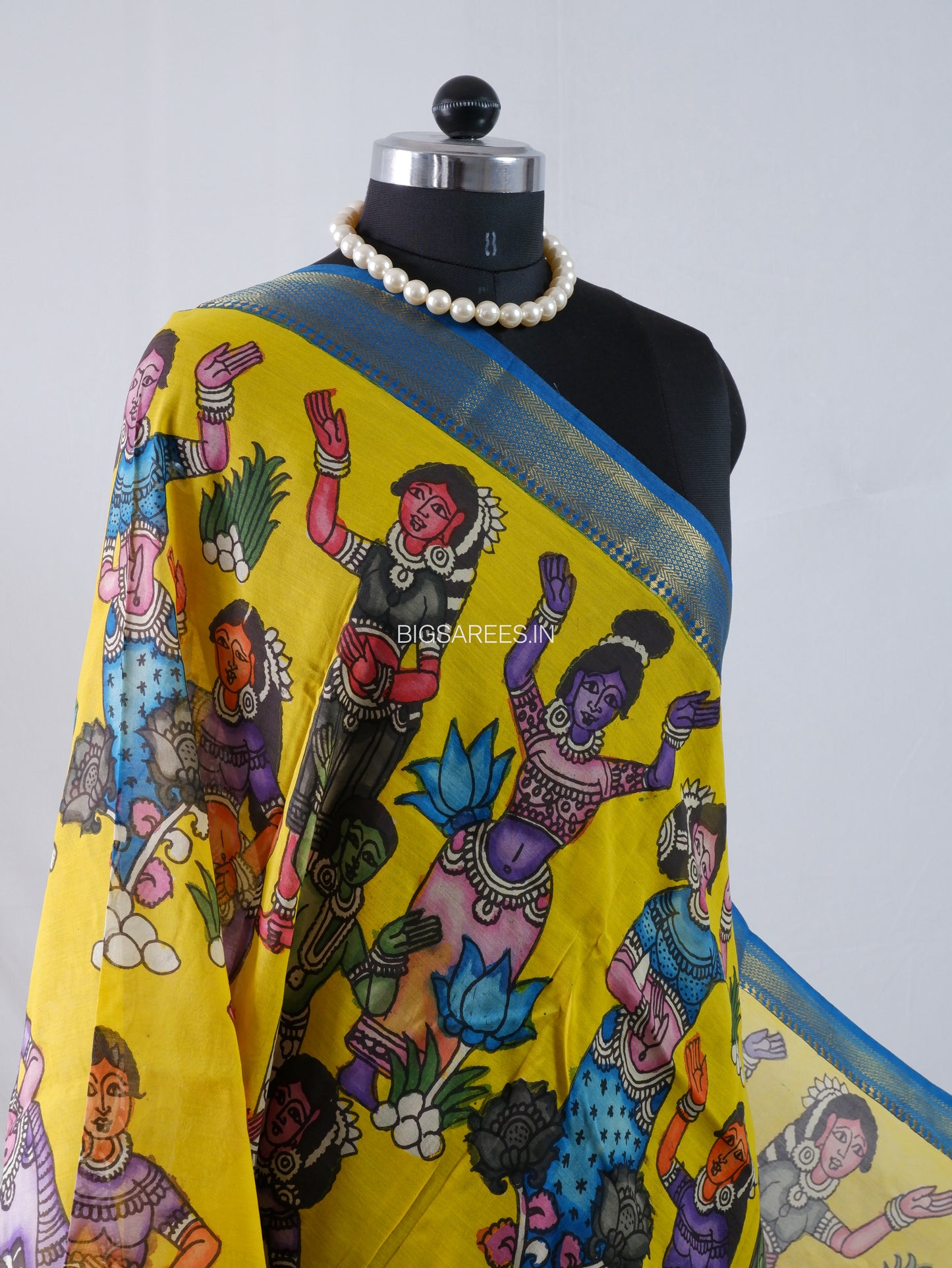 Pen Kalamkari Hand Painted Bangalore Silk Dupatta | Yellow |