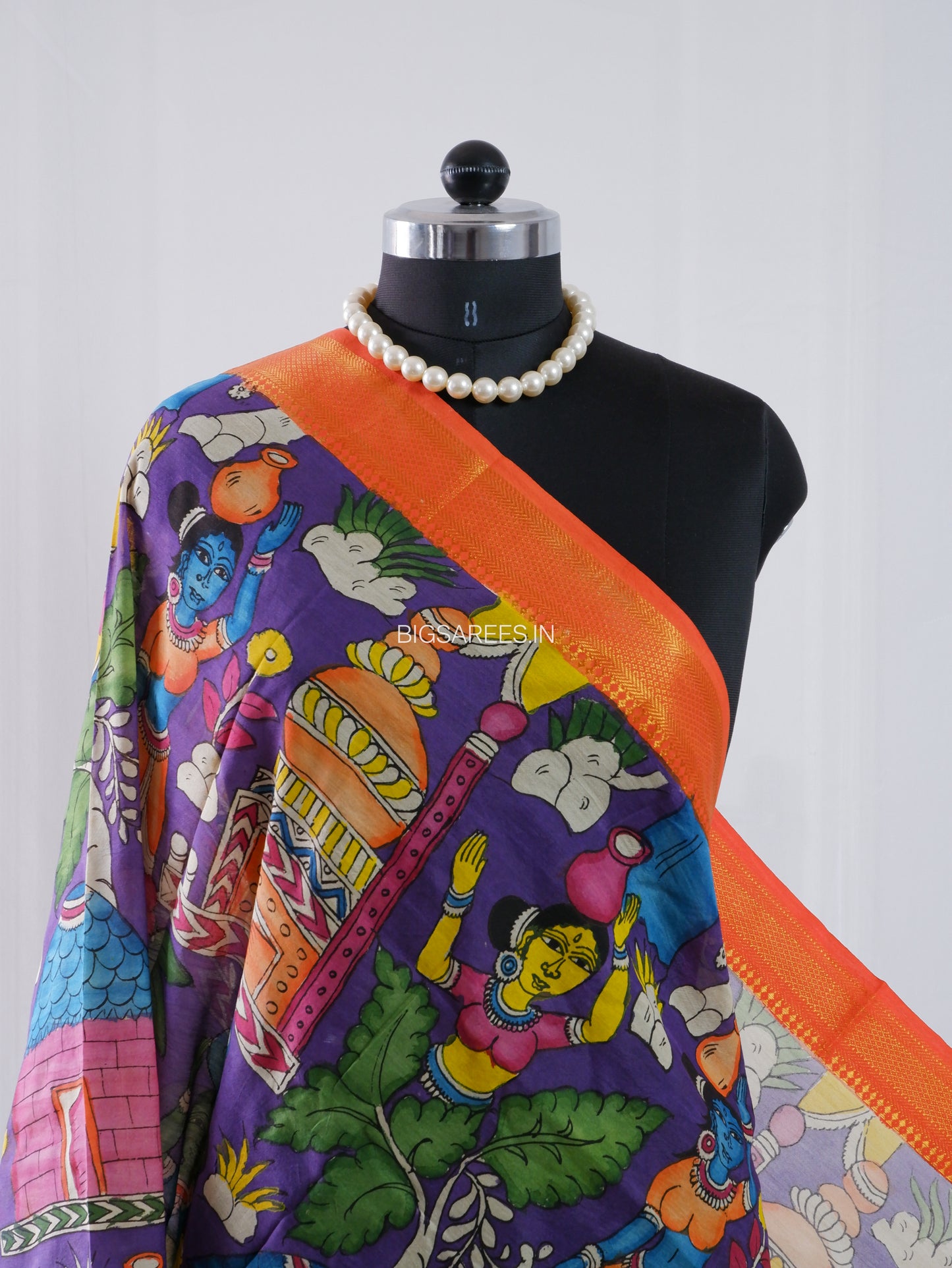 Pen Kalamkari Hand Painted Bangalore Silk Dupatta | Purple |