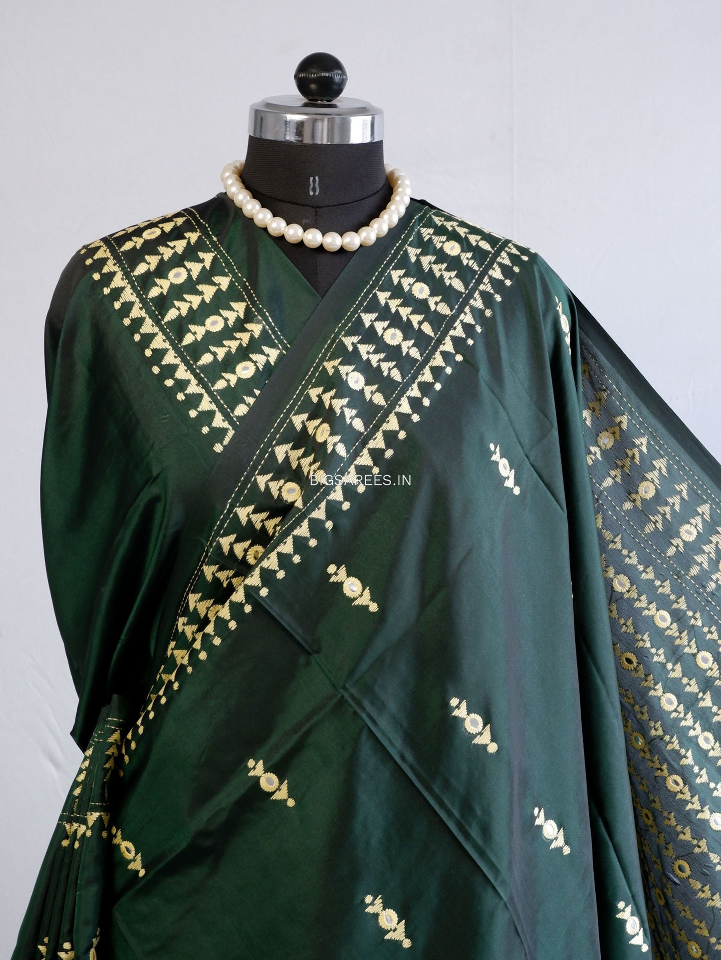 Kantha Stitch Hand Embroidered Saree | Blended Bangalore Silk / Art Silk | Dark Forest Green